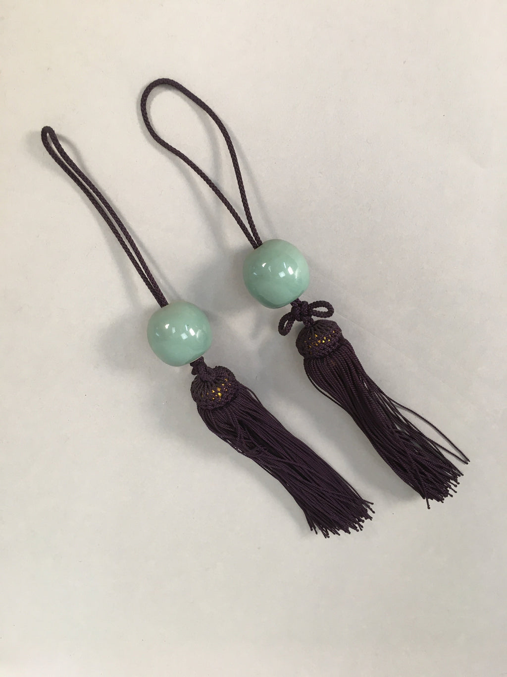 Japanese Hanging Scroll Weights Vtg Fuchin Porcelain Purple Tassel FC265