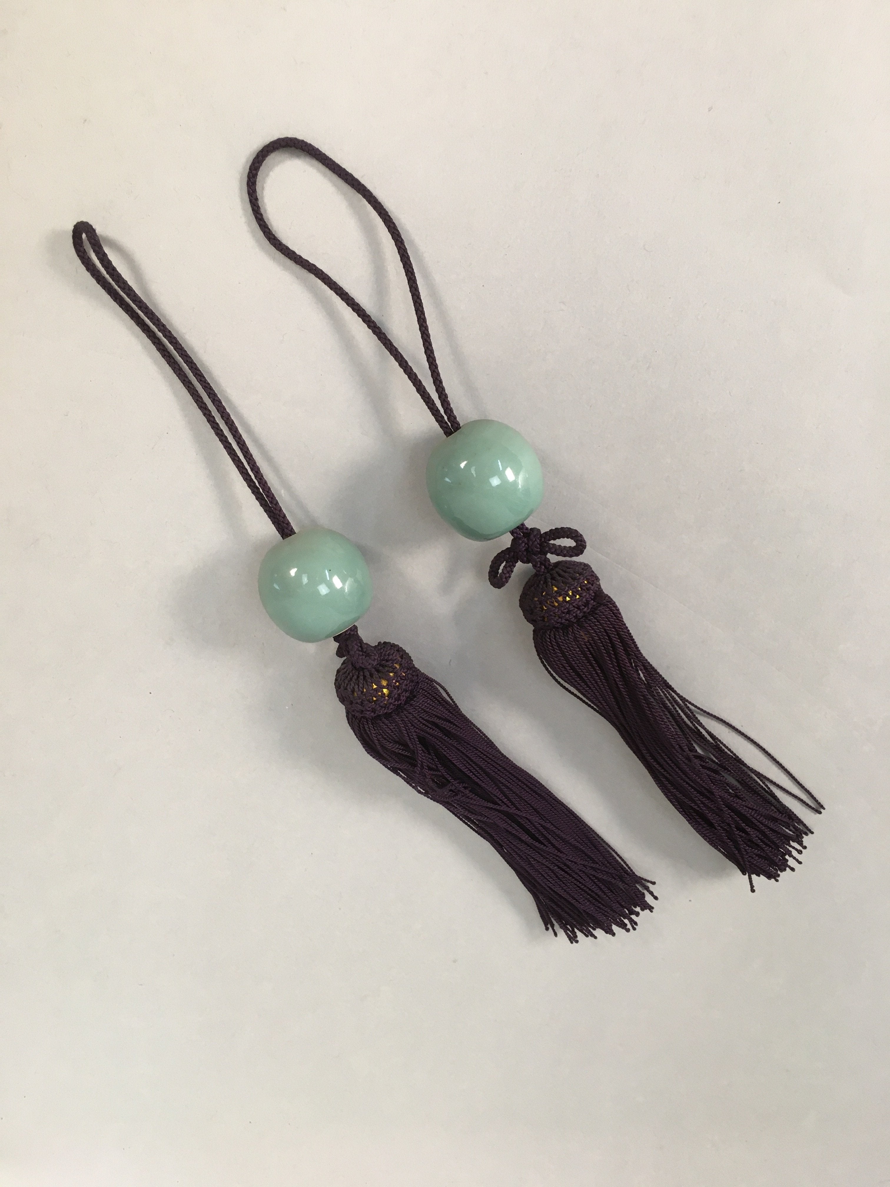 Japanese Hanging Scroll Weights Vtg Fuchin Porcelain Purple Tassel FC265
