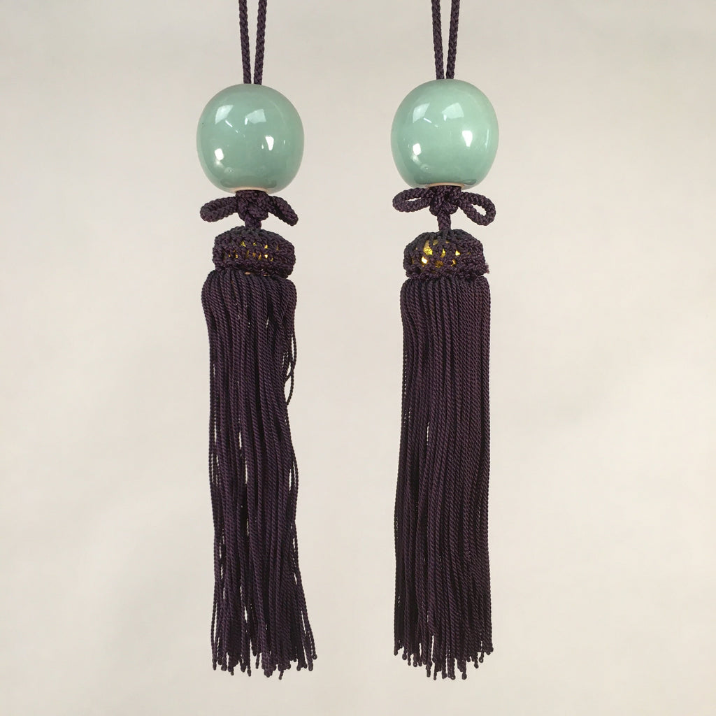 Japanese Hanging Scroll Weights Vtg Fuchin Porcelain Purple Tassel FC265