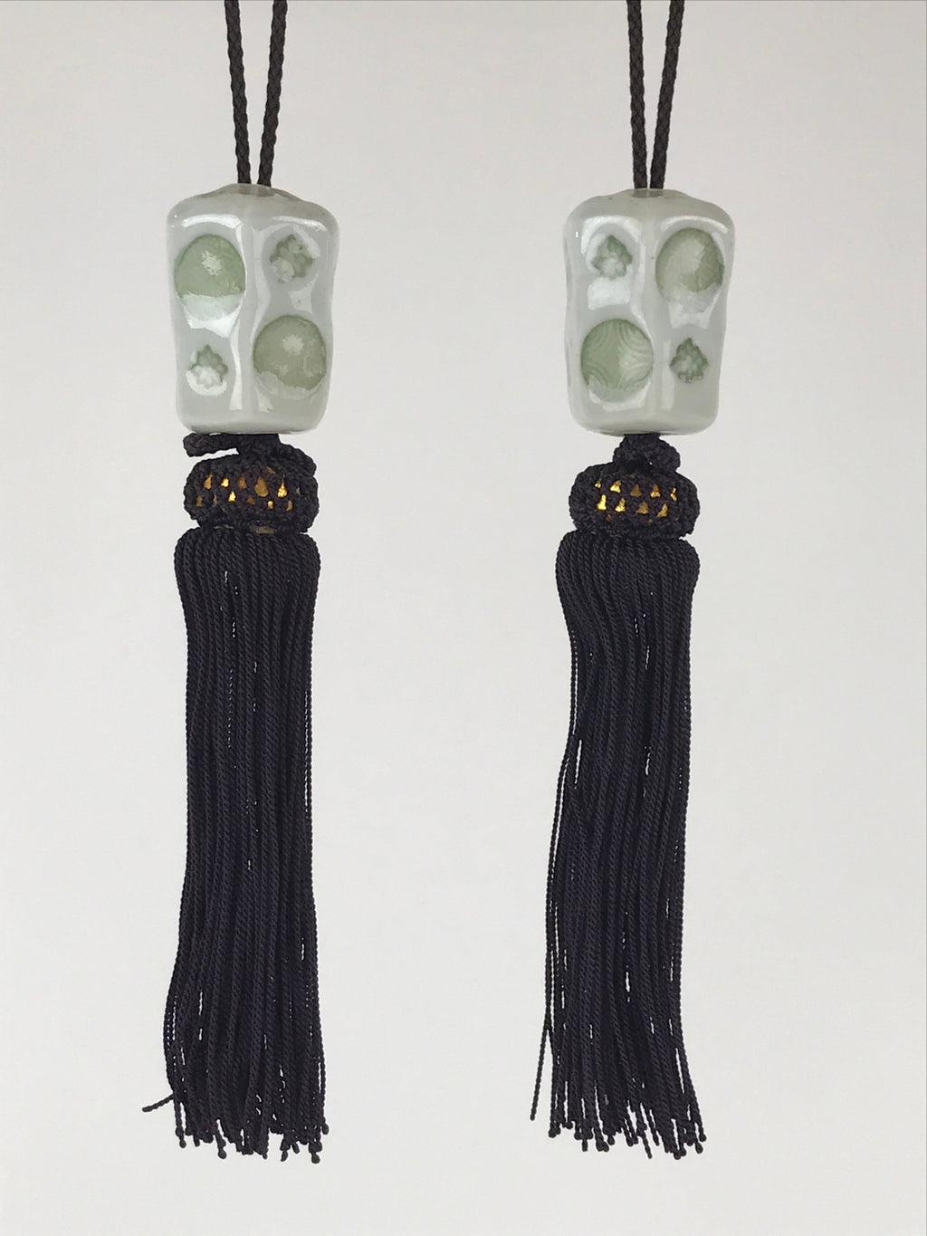 Japanese Hanging Scroll Weights Vtg Fuchin Porcelain Purple Tassel FC300