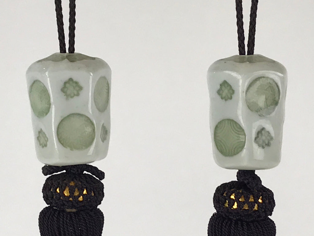Japanese Hanging Scroll Weights Vtg Fuchin Porcelain Purple Tassel FC300