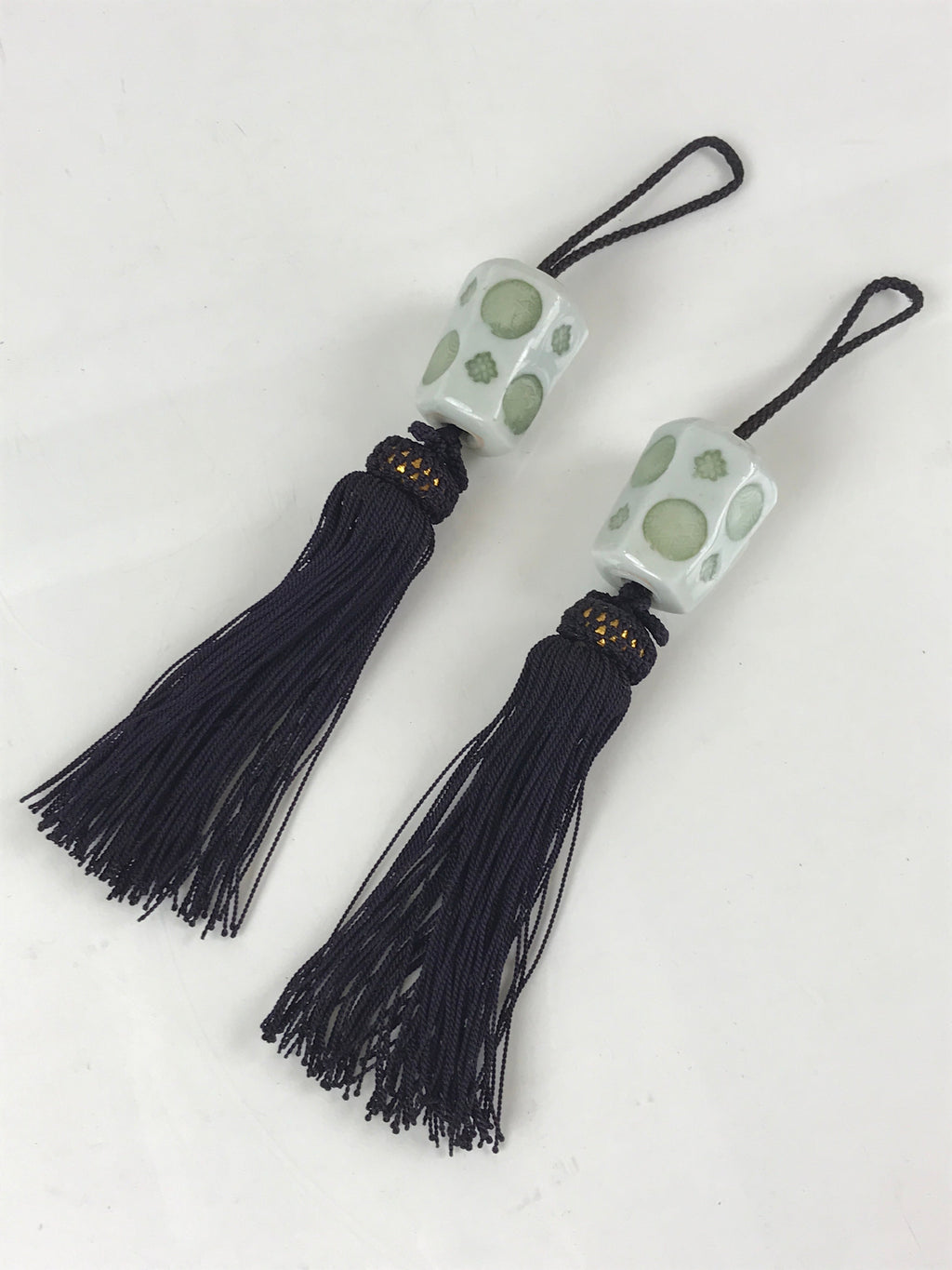 Japanese Hanging Scroll Weights Vtg Fuchin Porcelain Purple Tassel FC300
