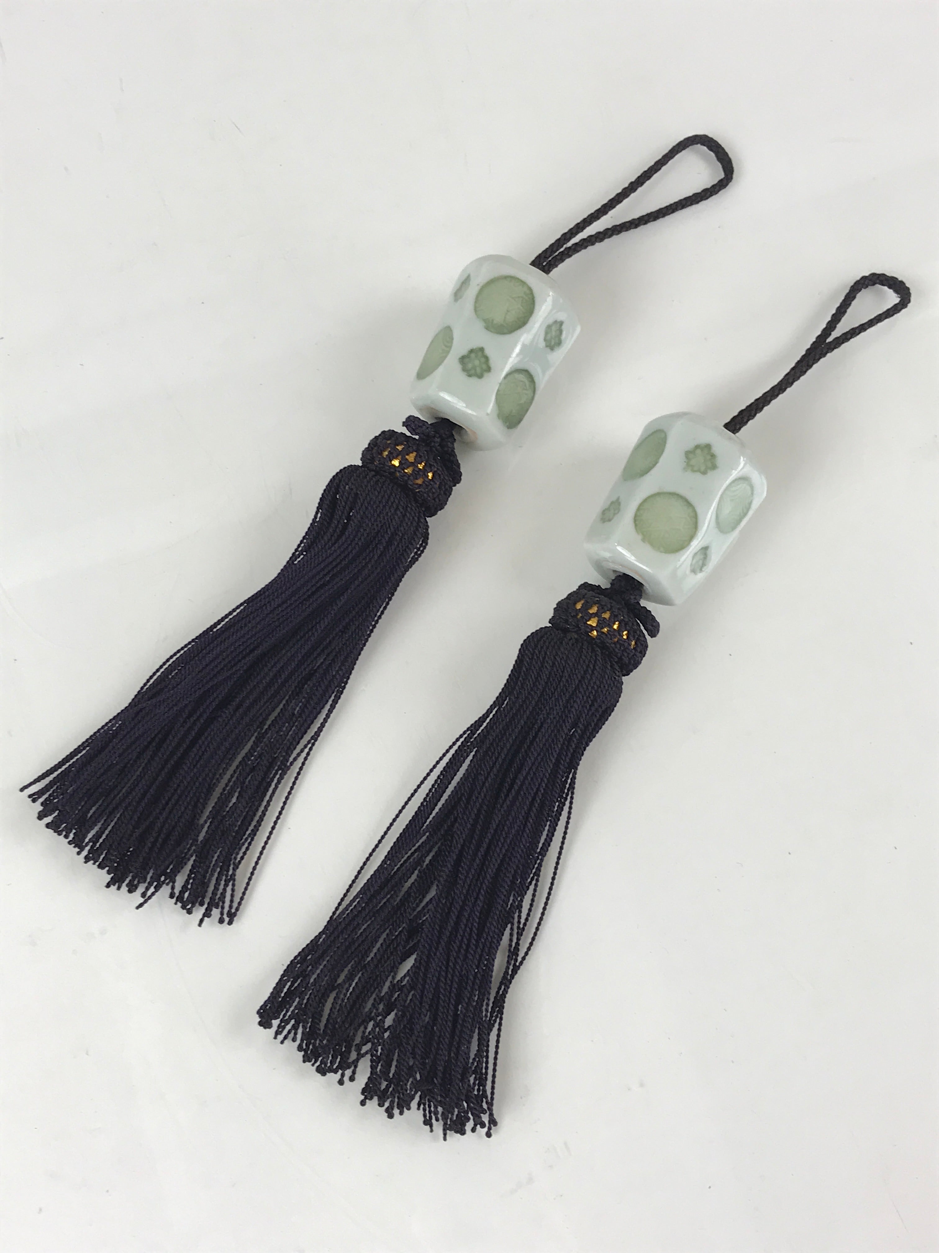 Japanese Hanging Scroll Weights Vtg Fuchin Porcelain Purple Tassel FC300