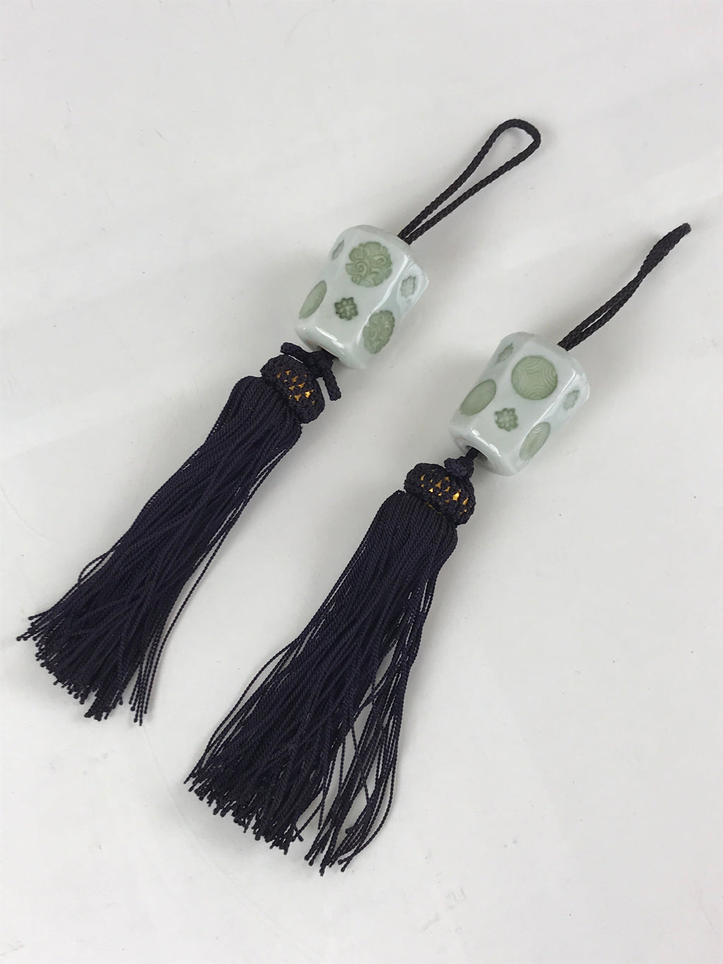 Japanese Hanging Scroll Weights Vtg Fuchin Porcelain Purple Tassel FC300