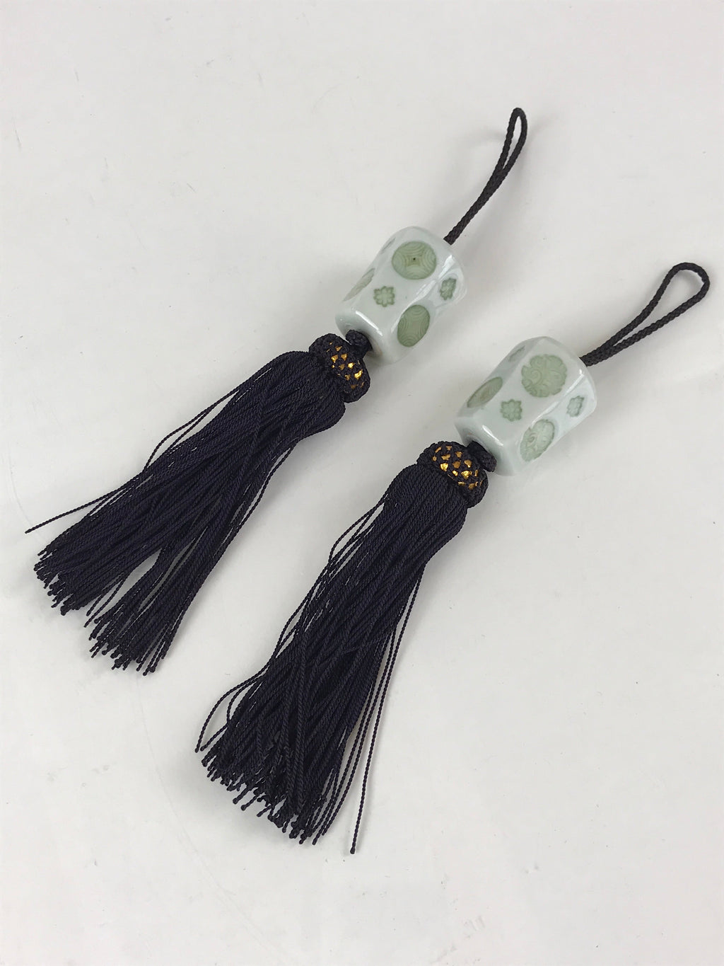 Japanese Hanging Scroll Weights Vtg Fuchin Porcelain Purple Tassel FC300