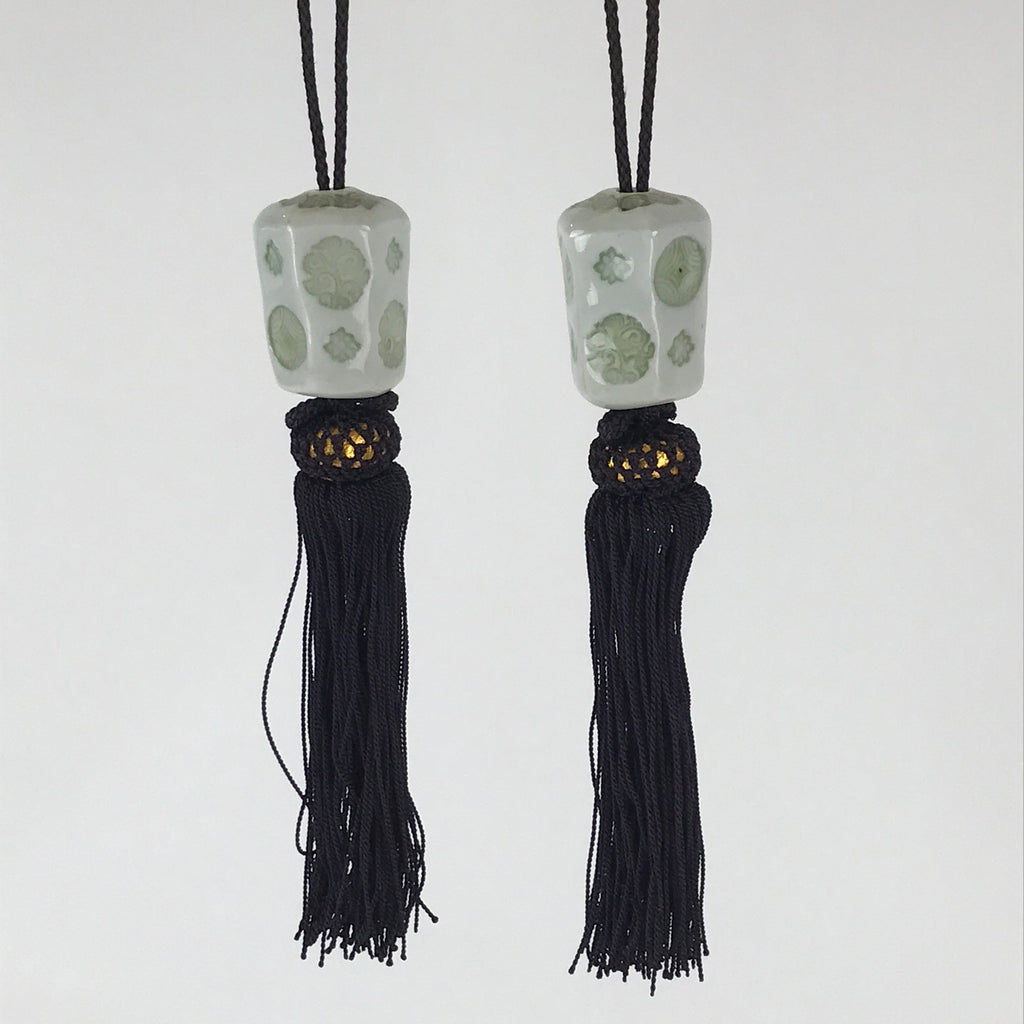 Japanese Hanging Scroll Weights Vtg Fuchin Porcelain Purple Tassel FC300