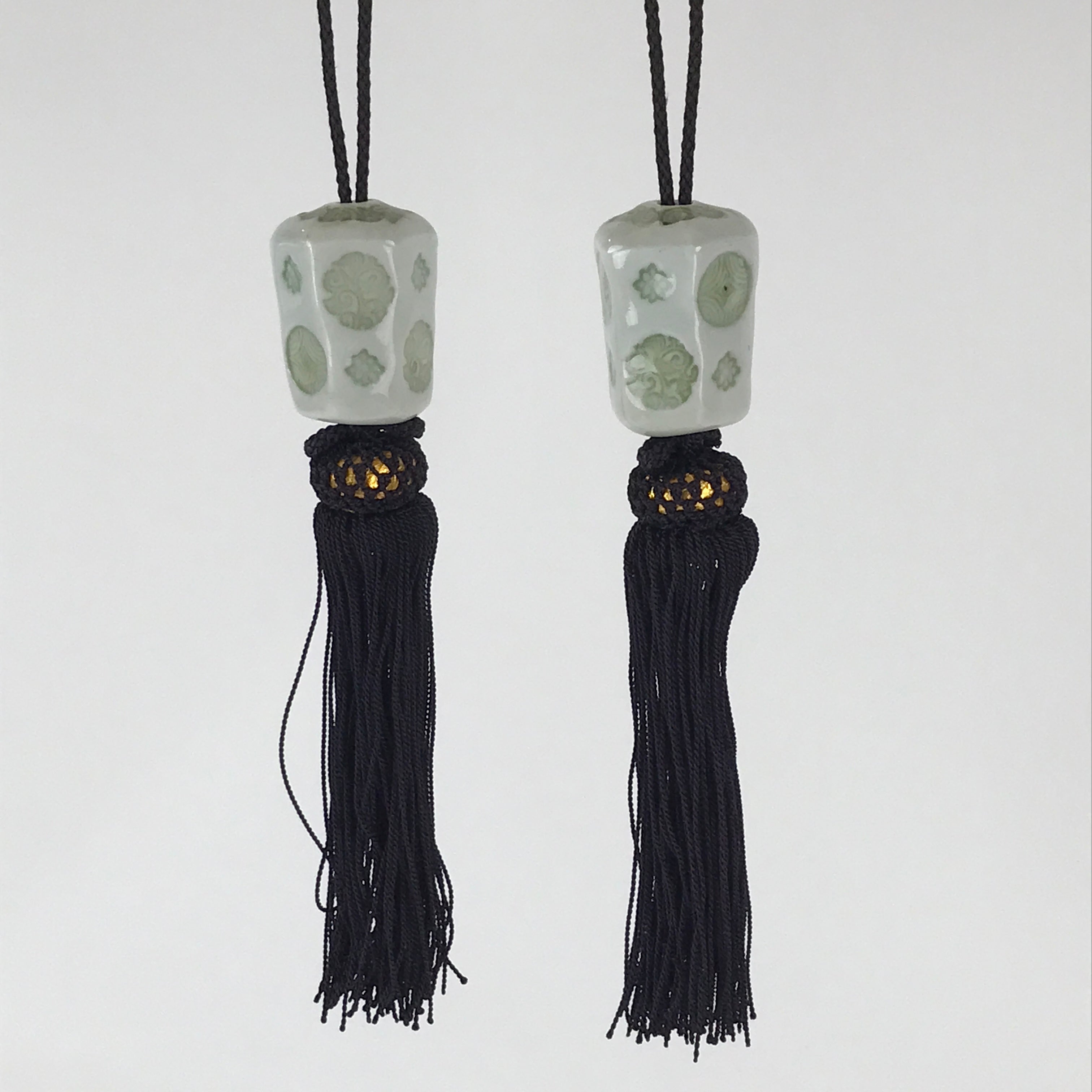 Japanese Hanging Scroll Weights Vtg Fuchin Porcelain Purple Tassel FC300