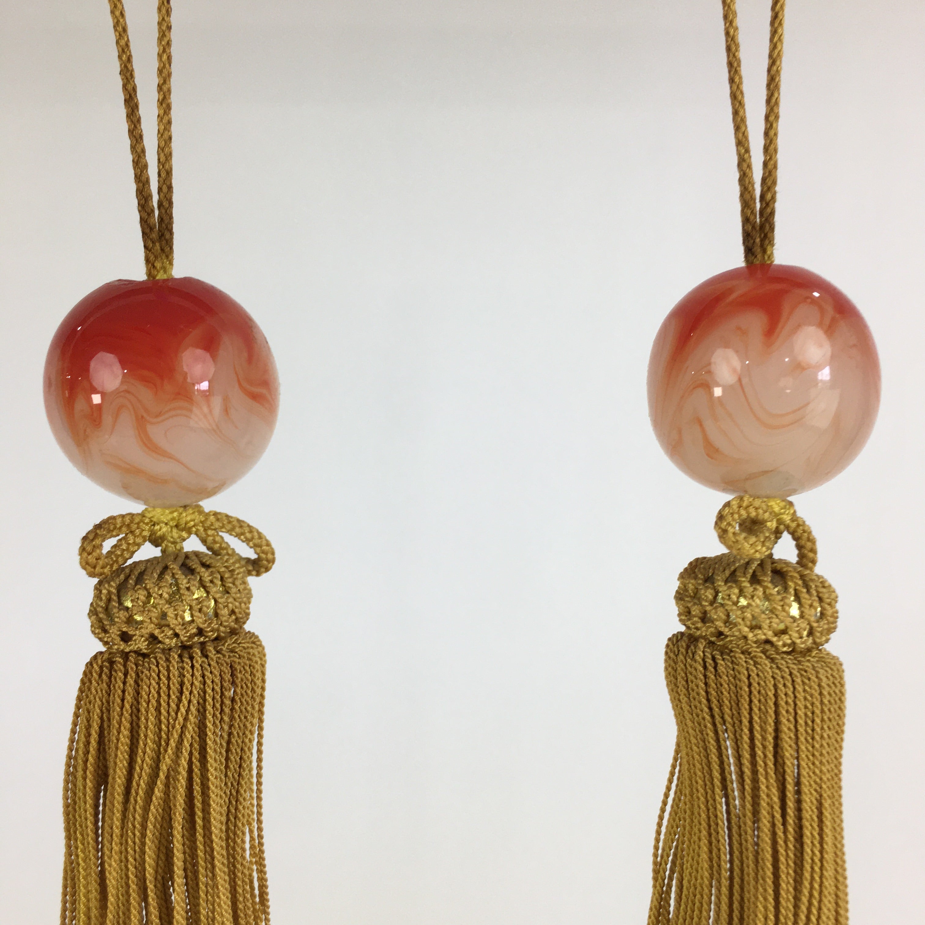 Japanese Hanging Scroll Weights Vtg Fuchin Red Glass Yellow Tassel FC279