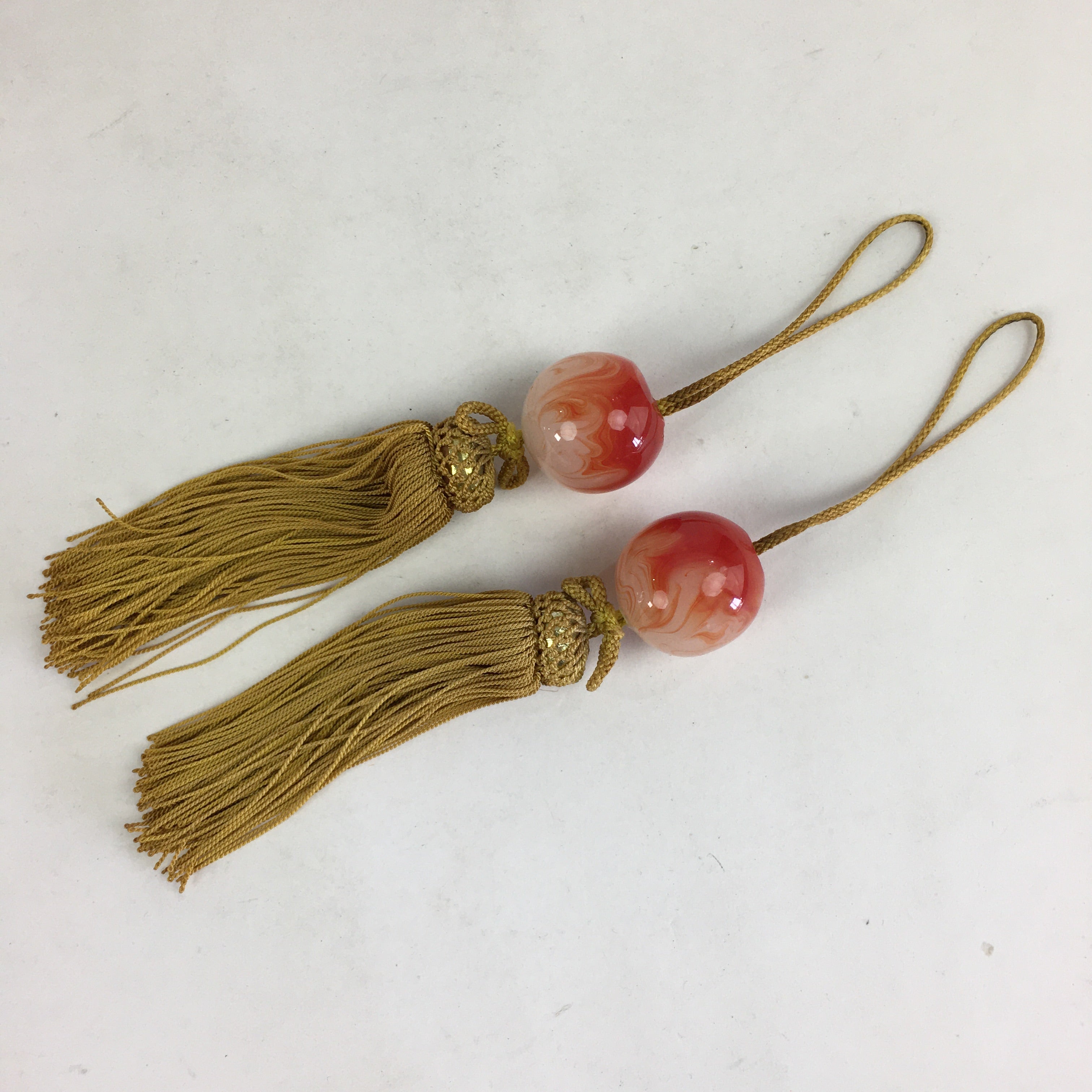 Japanese Hanging Scroll Weights Vtg Fuchin Red Glass Yellow Tassel FC279