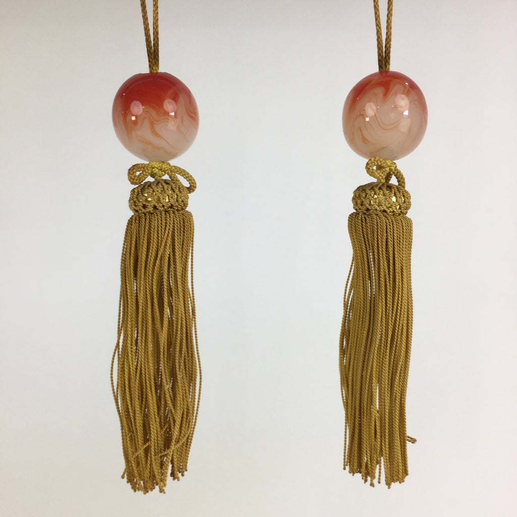 Japanese Hanging Scroll Weights Vtg Fuchin Red Glass Yellow Tassel FC279