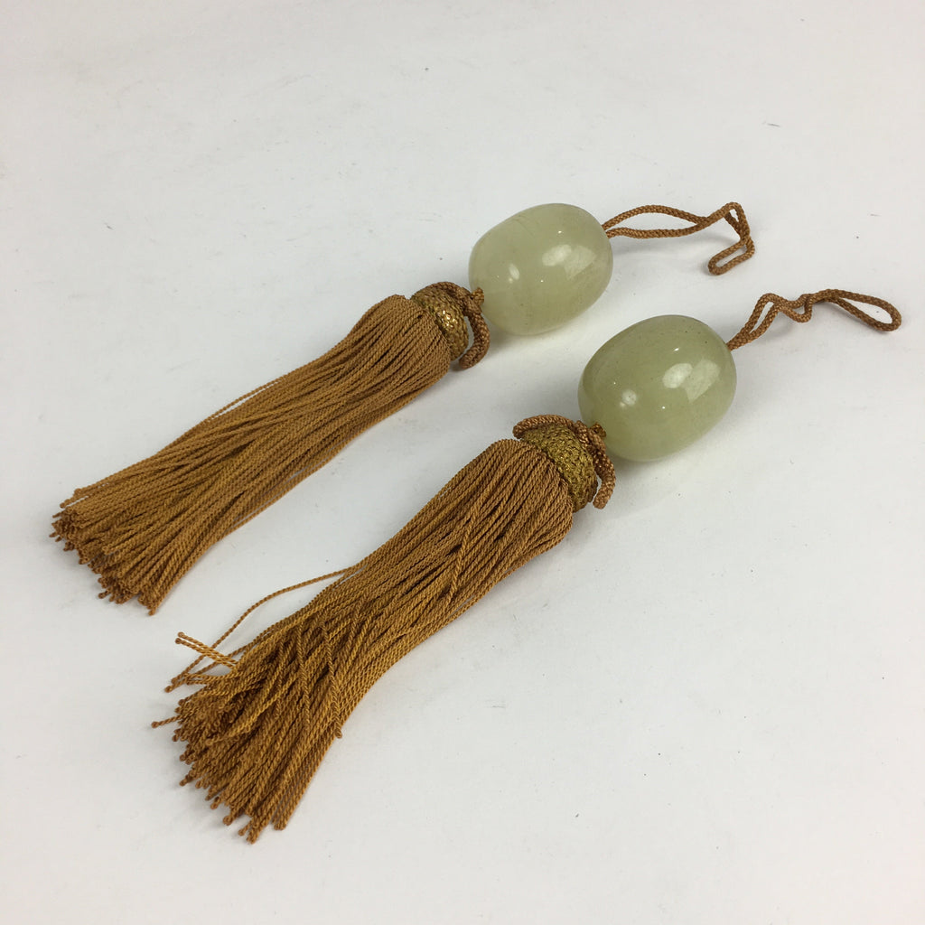 Japanese Hanging Scroll Weights Vtg Fuchin White Stone Yellow Tassel FC285