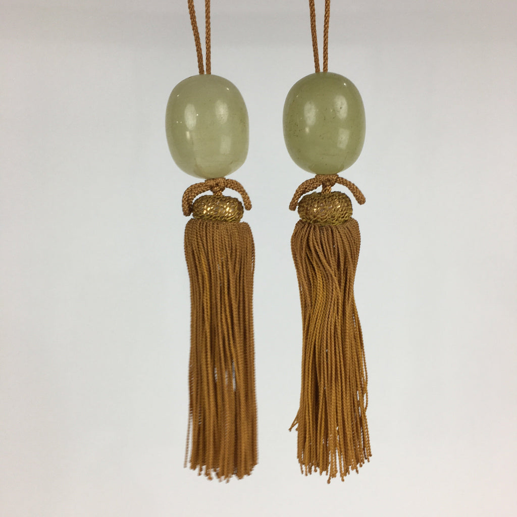 Japanese Hanging Scroll Weights Vtg Fuchin White Stone Yellow Tassel FC285