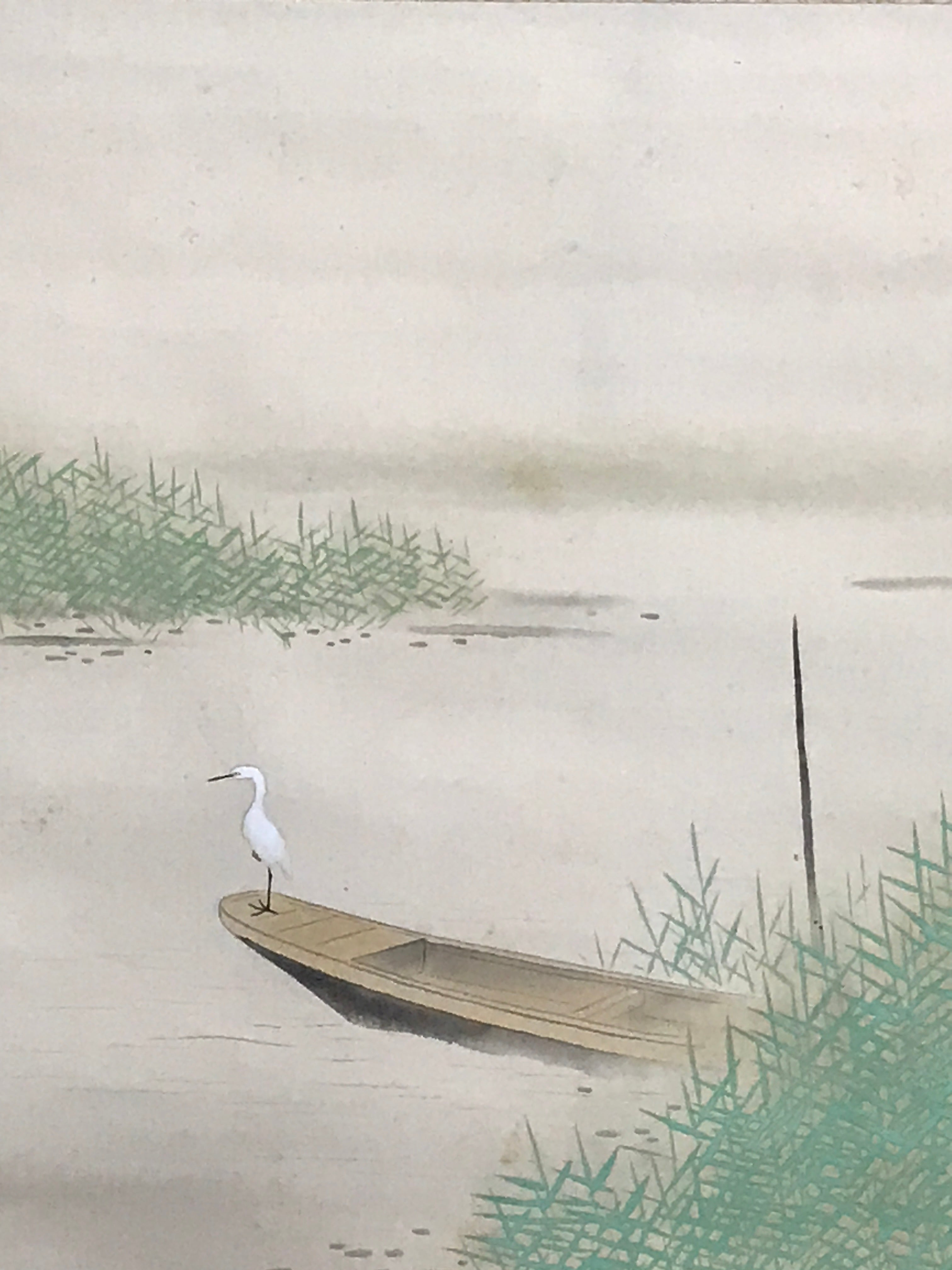 Japanese Hanging Scroll White Heron On A Boat Picture Kakejiku Kakemono SC788