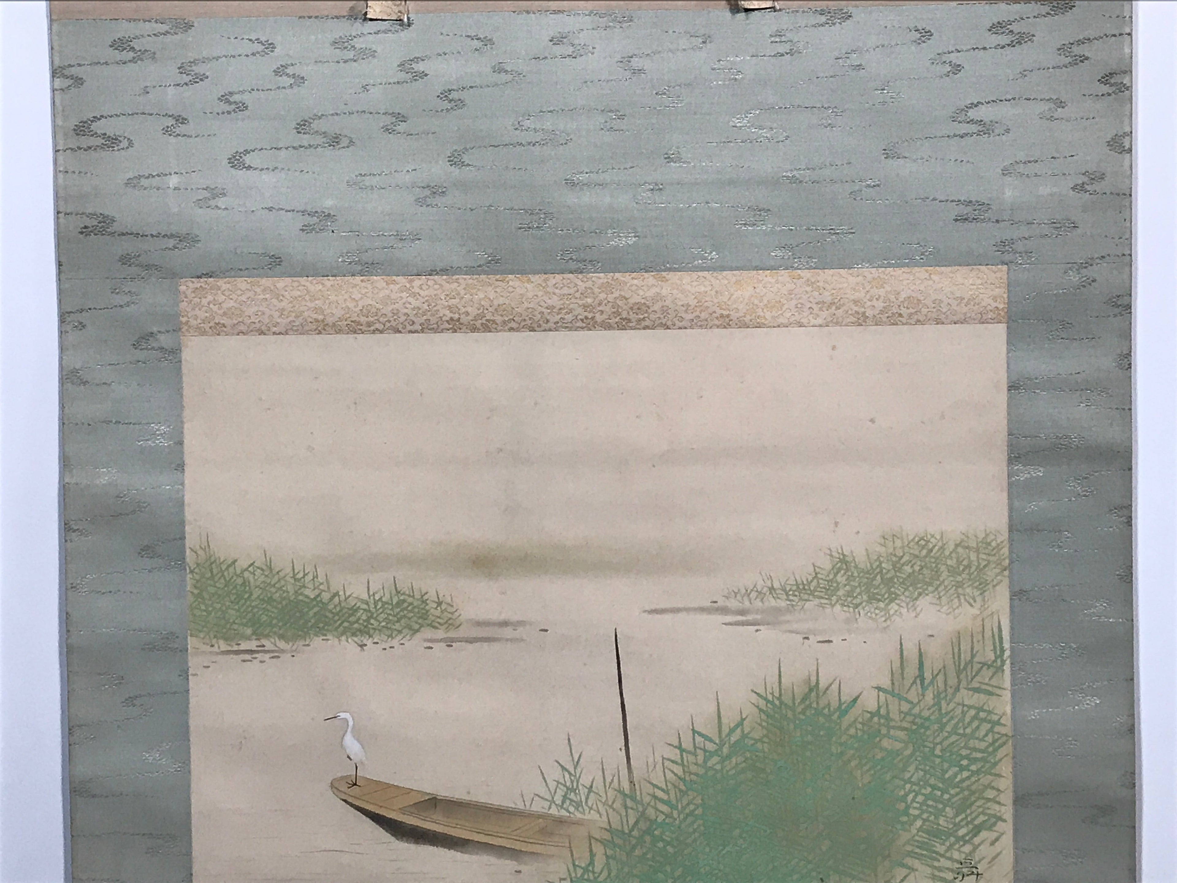 Japanese Hanging Scroll White Heron On A Boat Picture Kakejiku Kakemono SC788