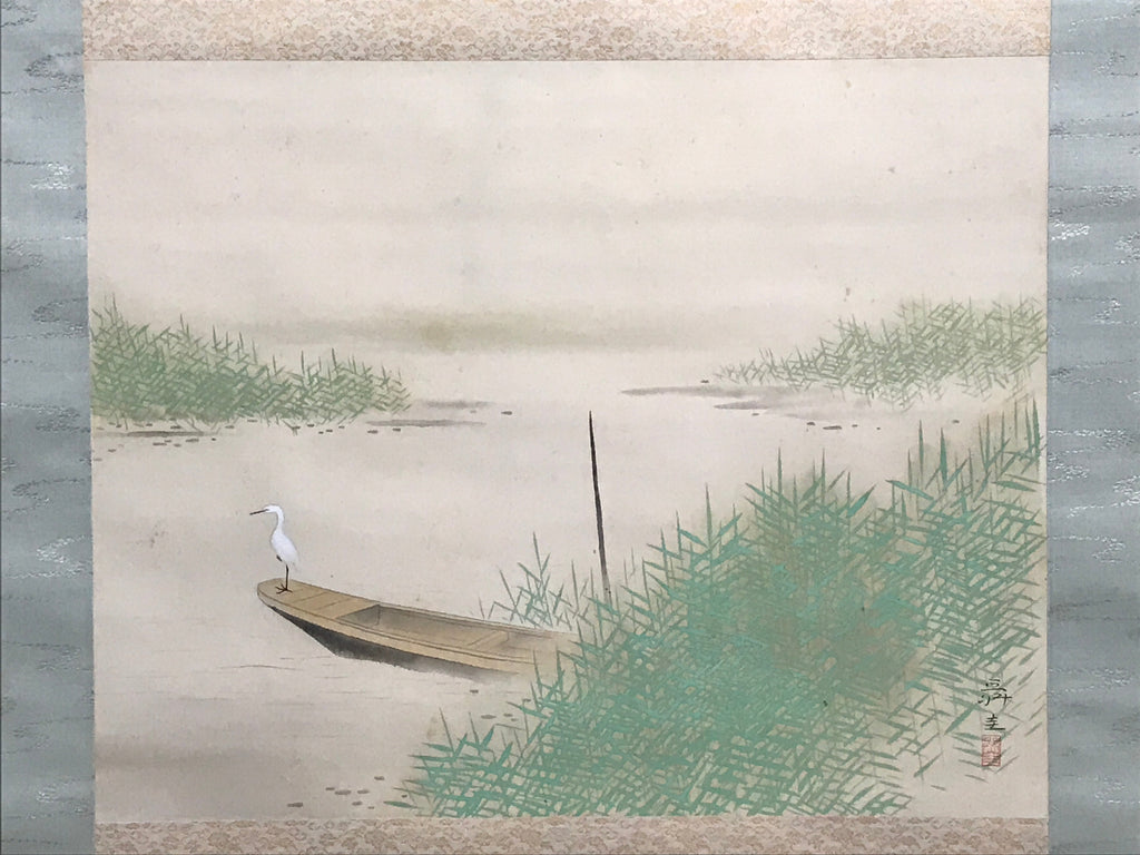Japanese Hanging Scroll White Heron On A Boat Picture Kakejiku Kakemono SC788