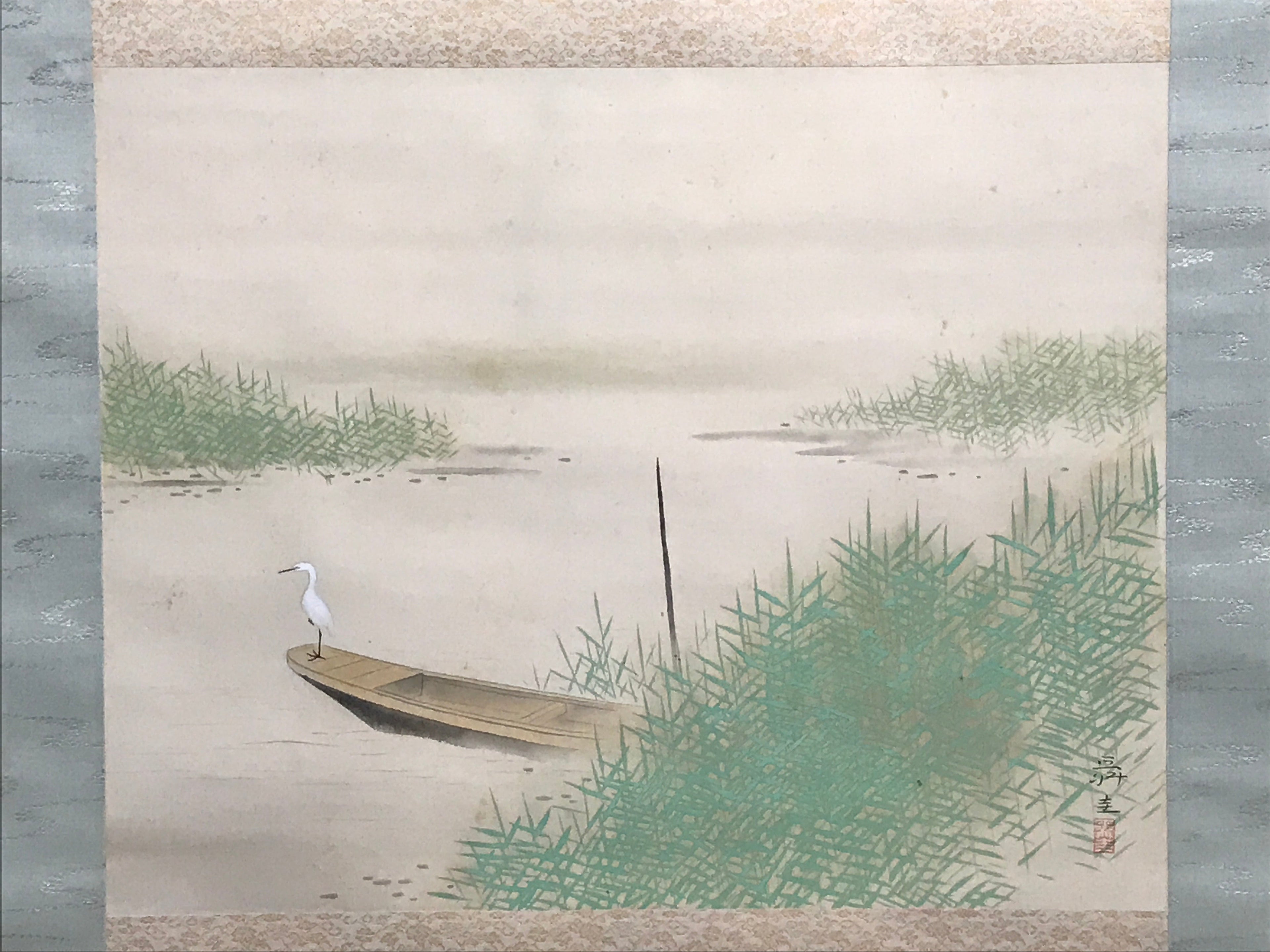 Japanese Hanging Scroll White Heron On A Boat Picture Kakejiku Kakemono SC788