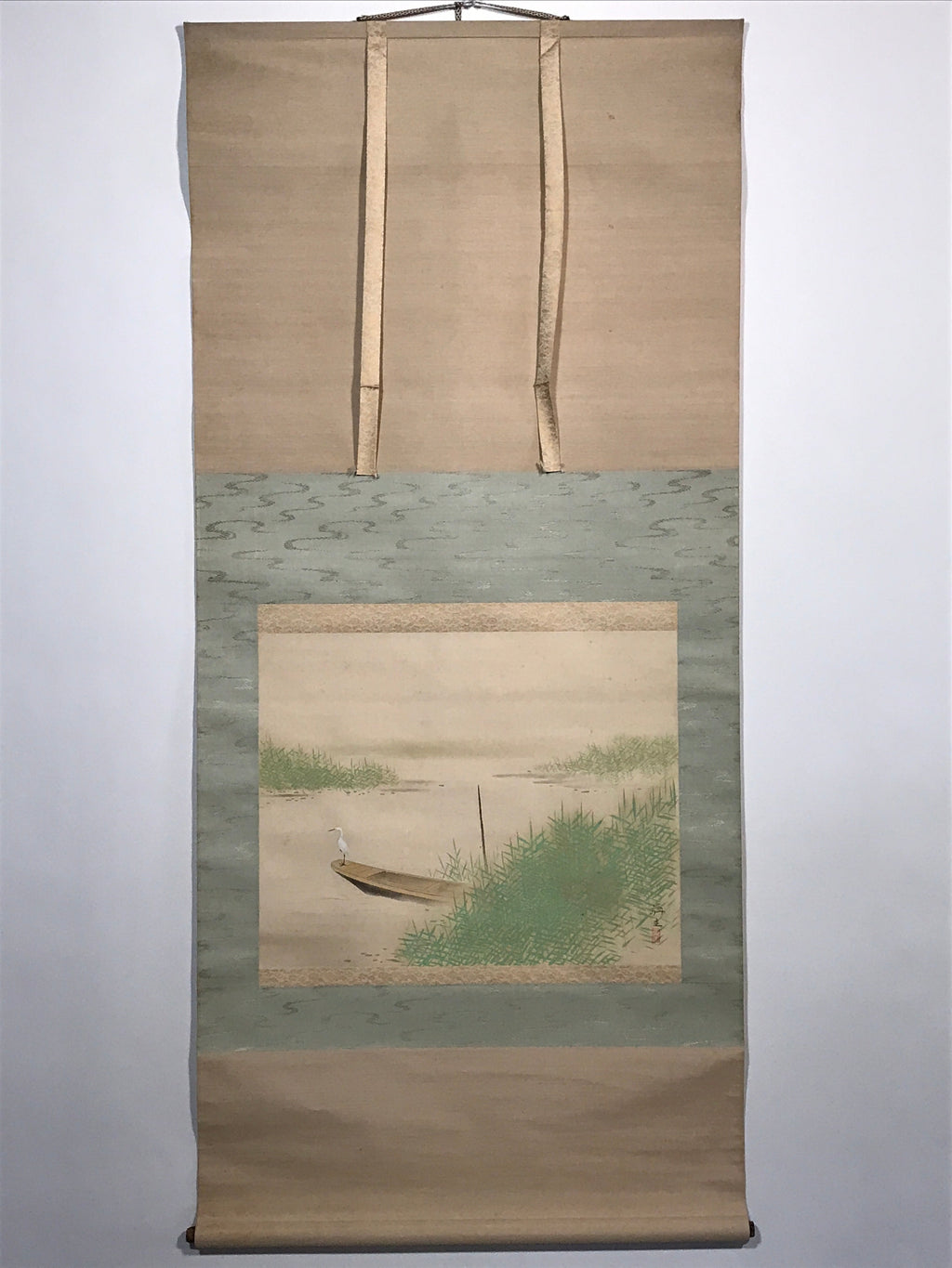 Japanese Hanging Scroll White Heron On A Boat Picture Kakejiku Kakemono SC788