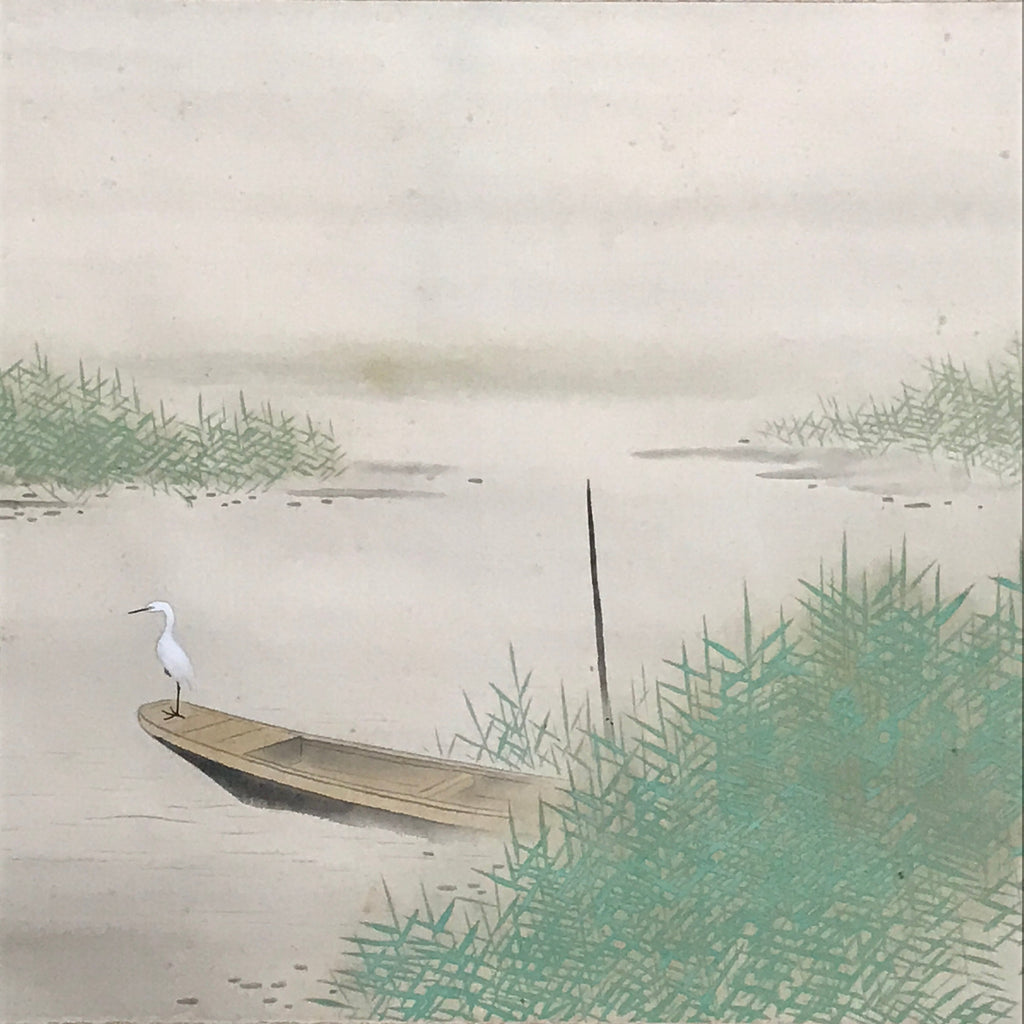 Japanese Hanging Scroll White Heron On A Boat Picture Kakejiku Kakemono SC788