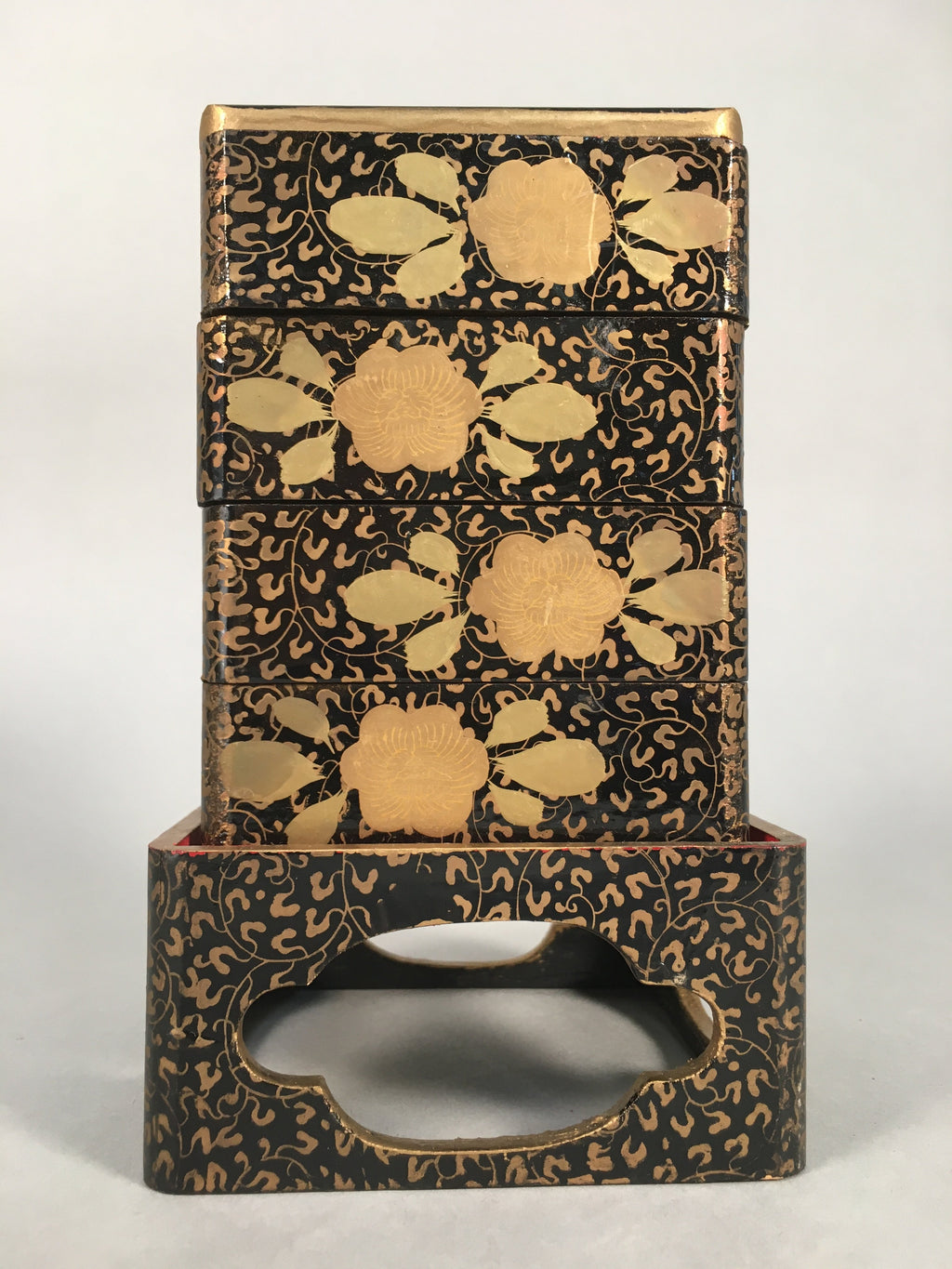 Japanese Hina Doll Furniture Lunch Box Stand Vtg Jubako Black Gold Makie ID288