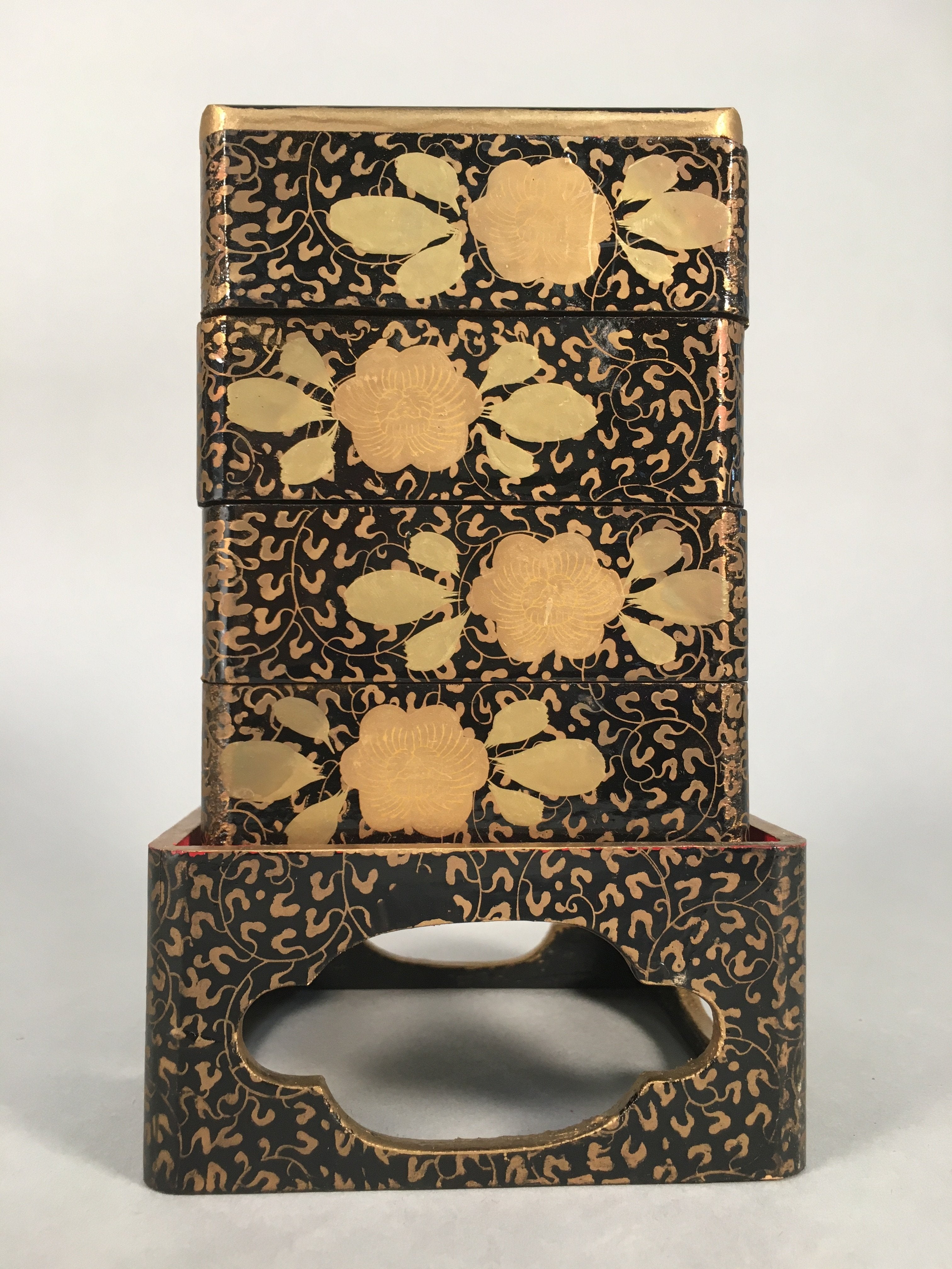 Japanese Hina Doll Furniture Lunch Box Stand Vtg Jubako Black Gold Makie ID288