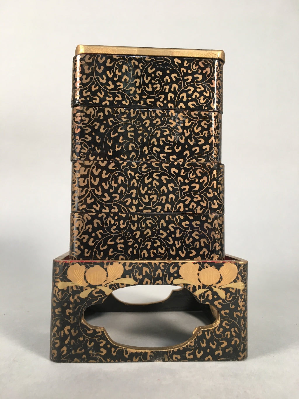 Japanese Hina Doll Furniture Lunch Box Stand Vtg Jubako Black Gold Makie ID288