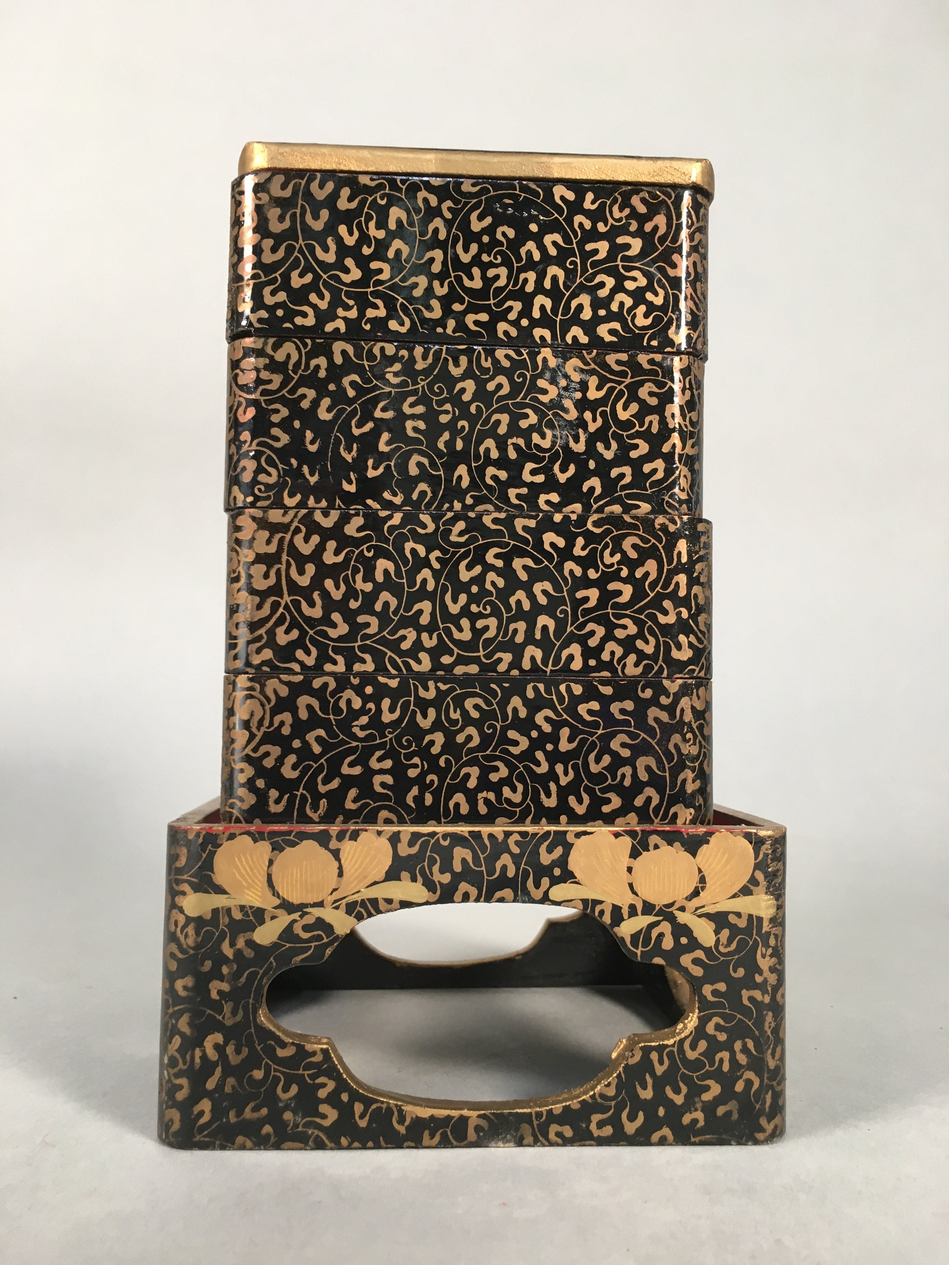 Japanese Hina Doll Furniture Lunch Box Stand Vtg Jubako Black Gold Makie ID288