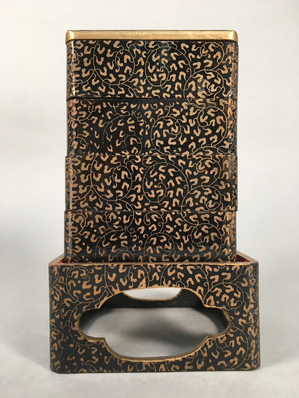 Japanese Hina Doll Furniture Lunch Box Stand Vtg Jubako Black Gold Makie ID288