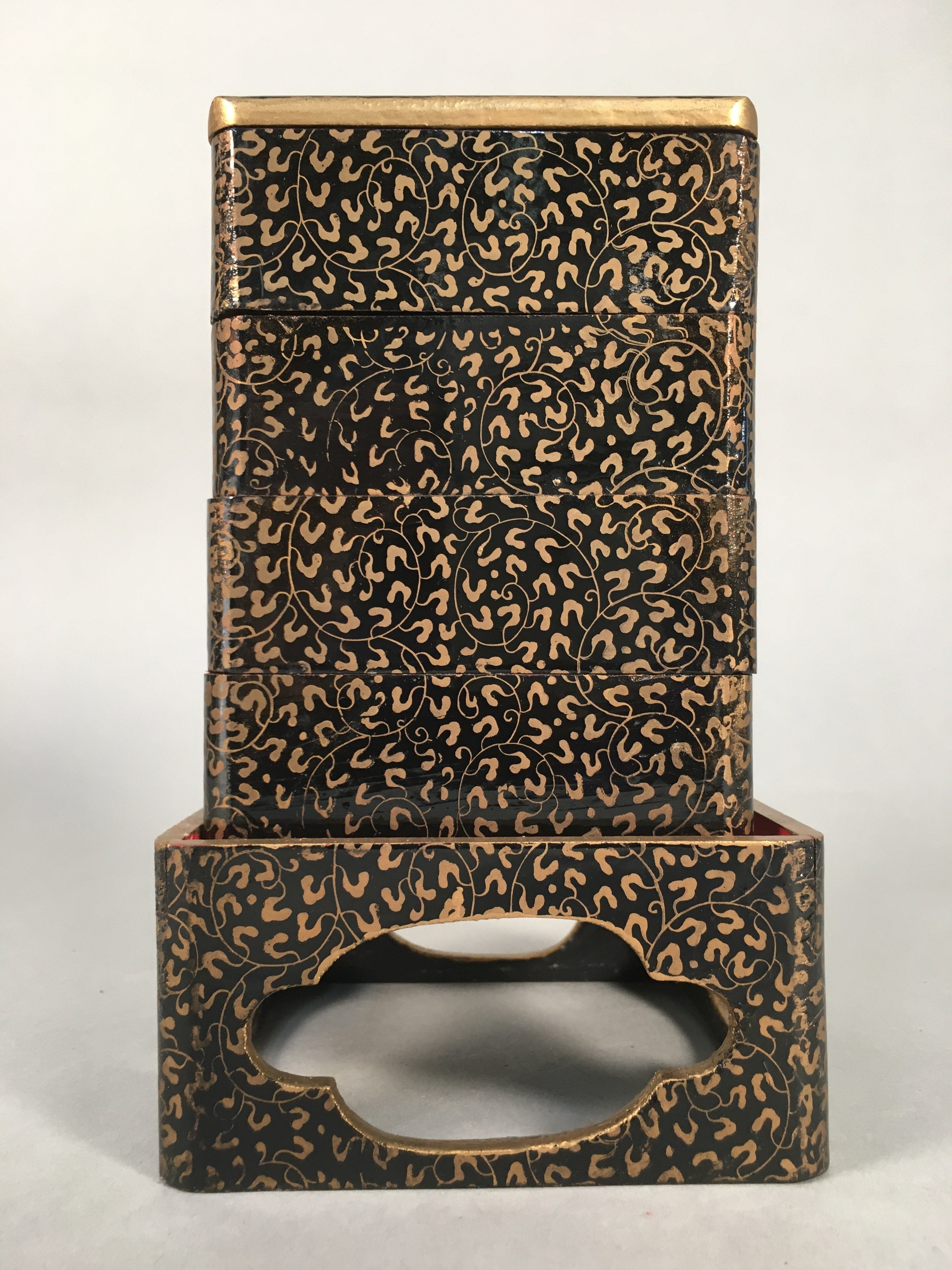 Japanese Hina Doll Furniture Lunch Box Stand Vtg Jubako Black Gold Makie ID288