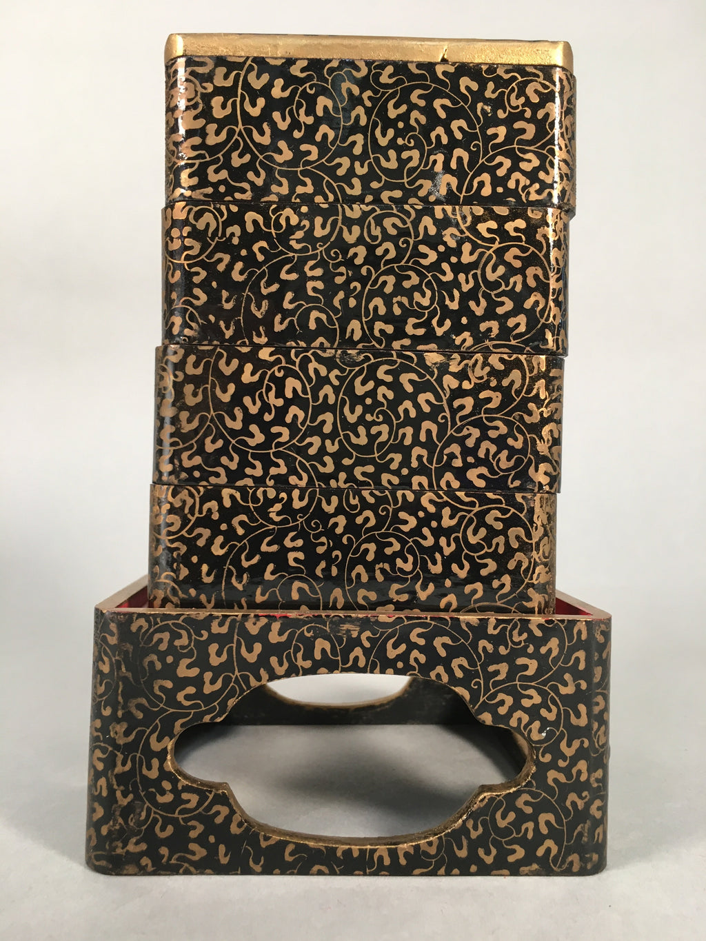 Japanese Hina Doll Furniture Lunch Box Stand Vtg Jubako Black Gold Makie ID288