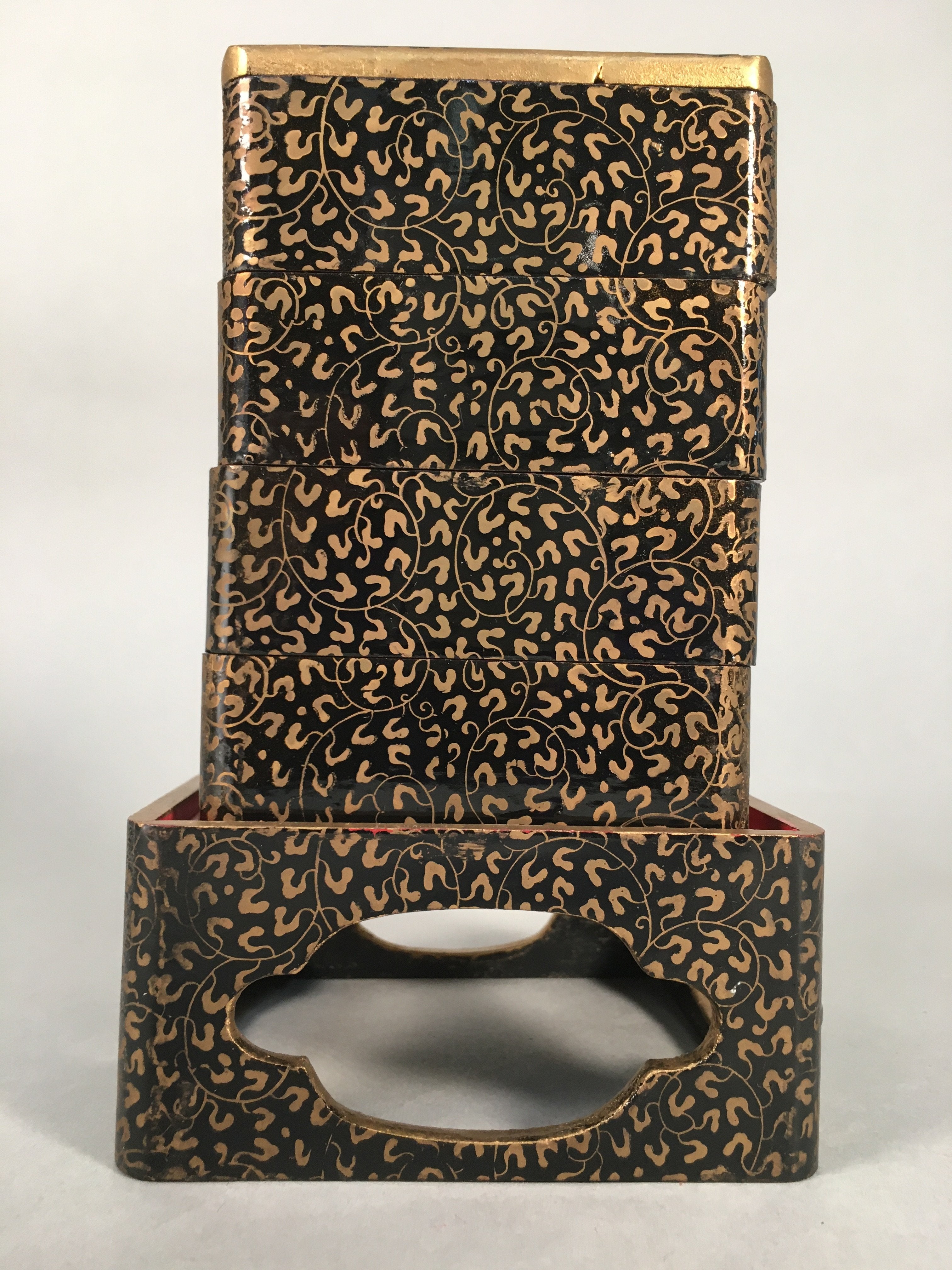 Japanese Hina Doll Furniture Lunch Box Stand Vtg Jubako Black Gold Makie ID288