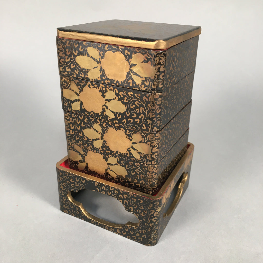 Japanese Hina Doll Furniture Lunch Box Stand Vtg Jubako Black Gold Makie ID288