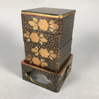 Japanese Hina Doll Furniture Lunch Box Stand Vtg Jubako Black Gold Makie ID288