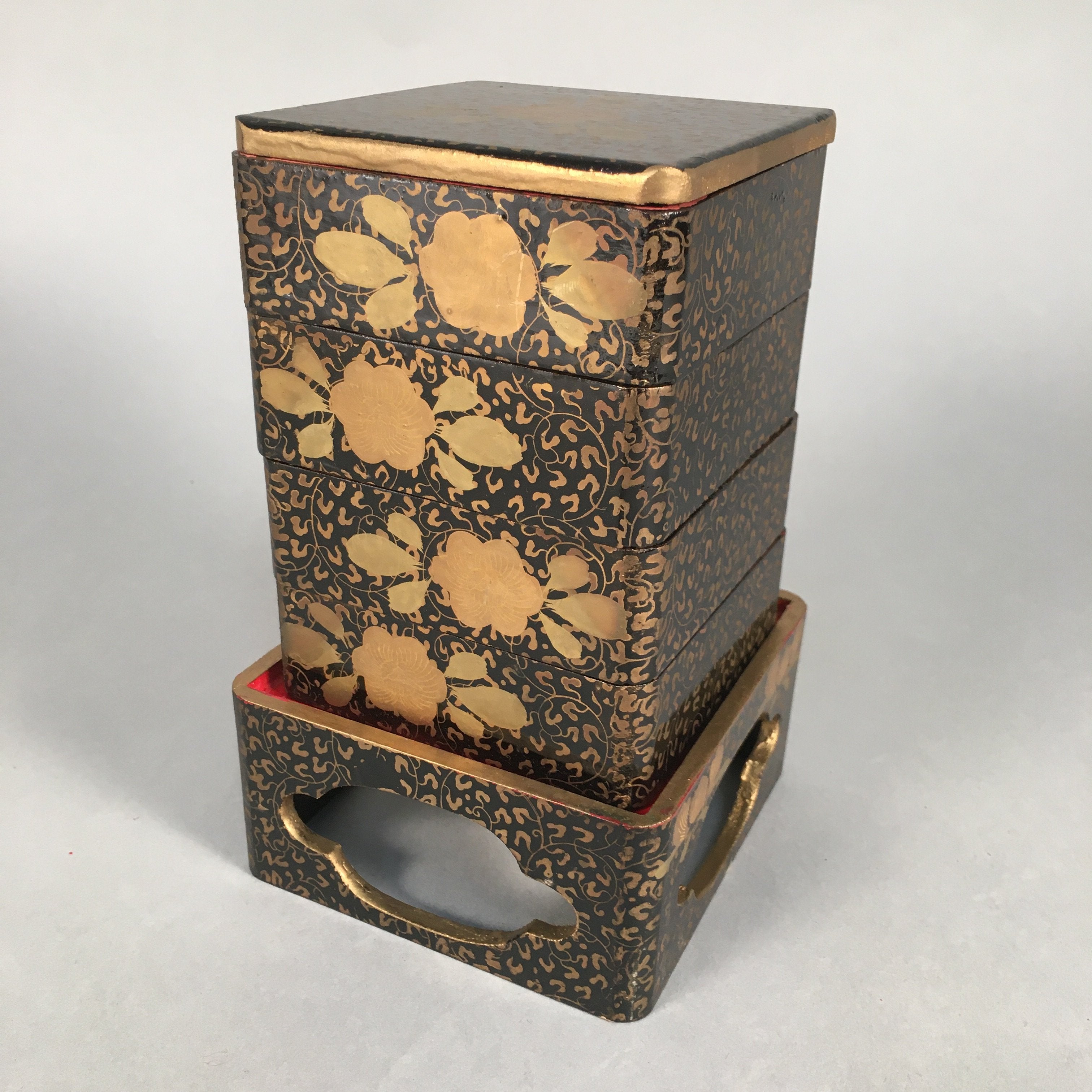 Japanese Hina Doll Furniture Lunch Box Stand Vtg Jubako Black Gold Makie ID288