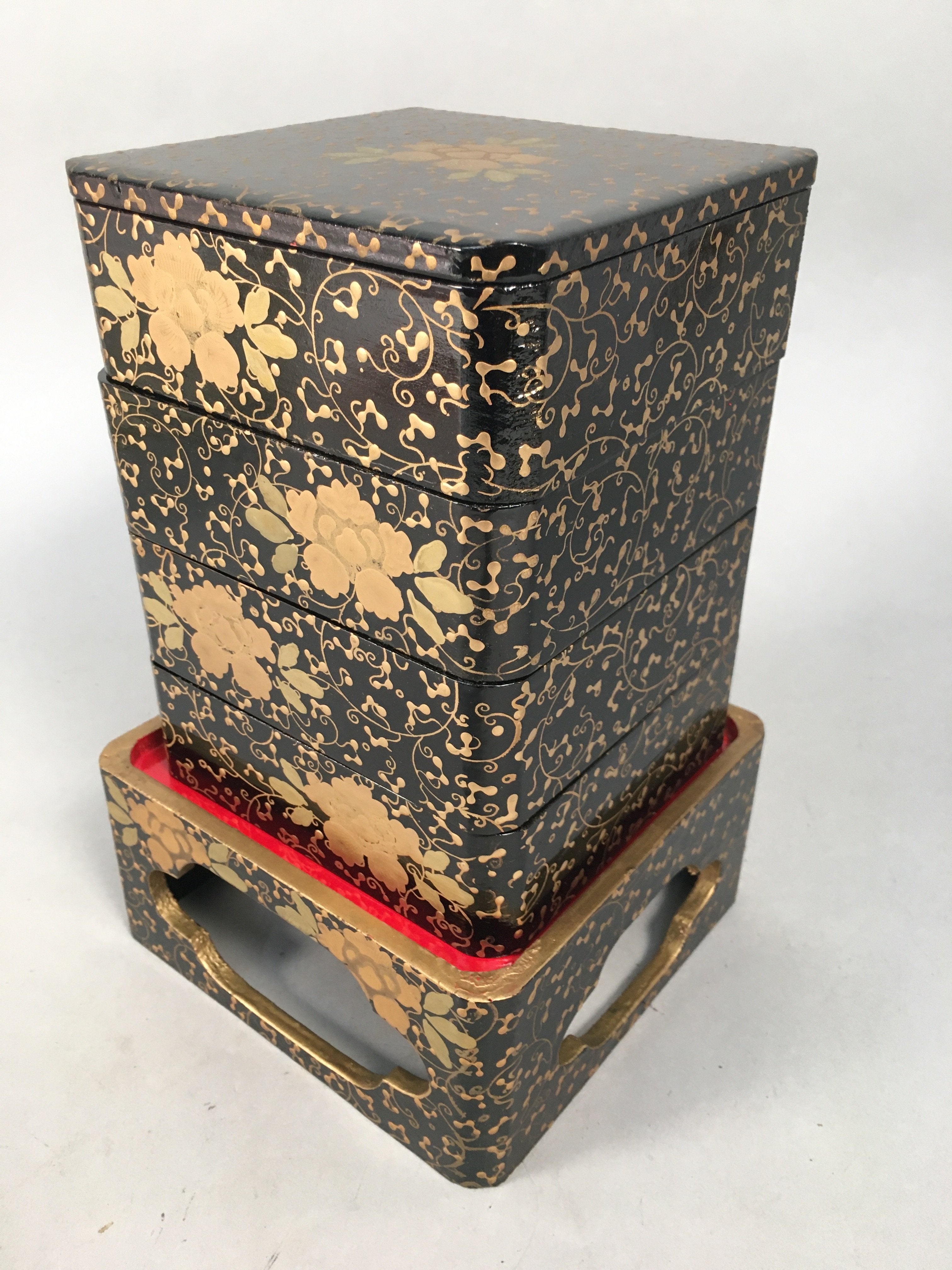 Japanese Hina Doll Furniture Lunch Box Stand Vtg Jubako Black Gold Makie PX519
