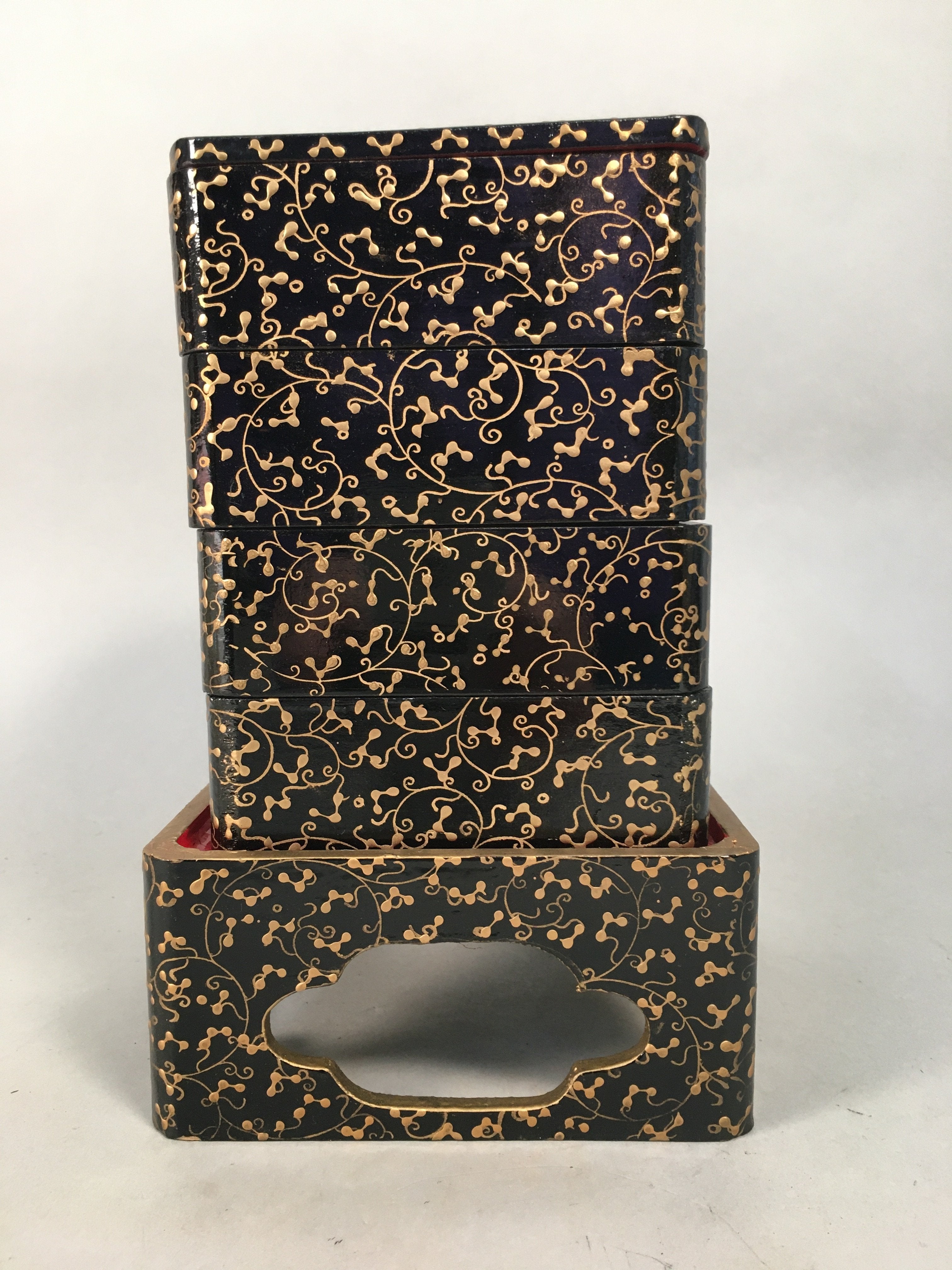Japanese Hina Doll Furniture Lunch Box Stand Vtg Jubako Black Gold Makie PX519
