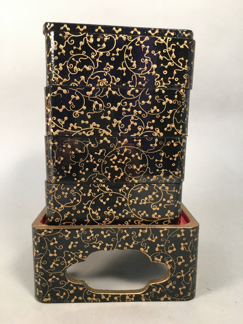 Japanese Hina Doll Furniture Lunch Box Stand Vtg Jubako Black Gold Makie PX519
