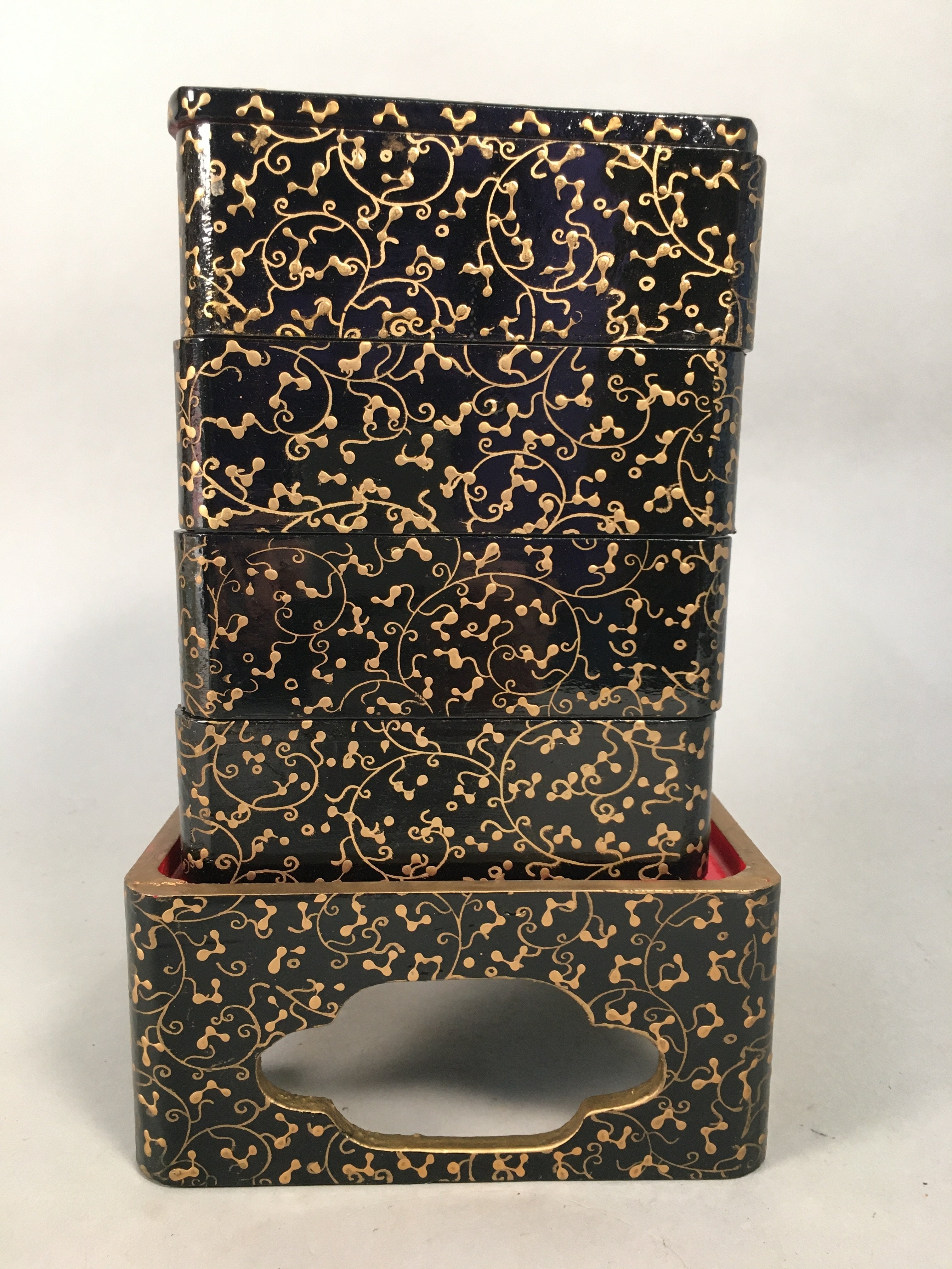 Japanese Hina Doll Furniture Lunch Box Stand Vtg Jubako Black Gold Makie PX519