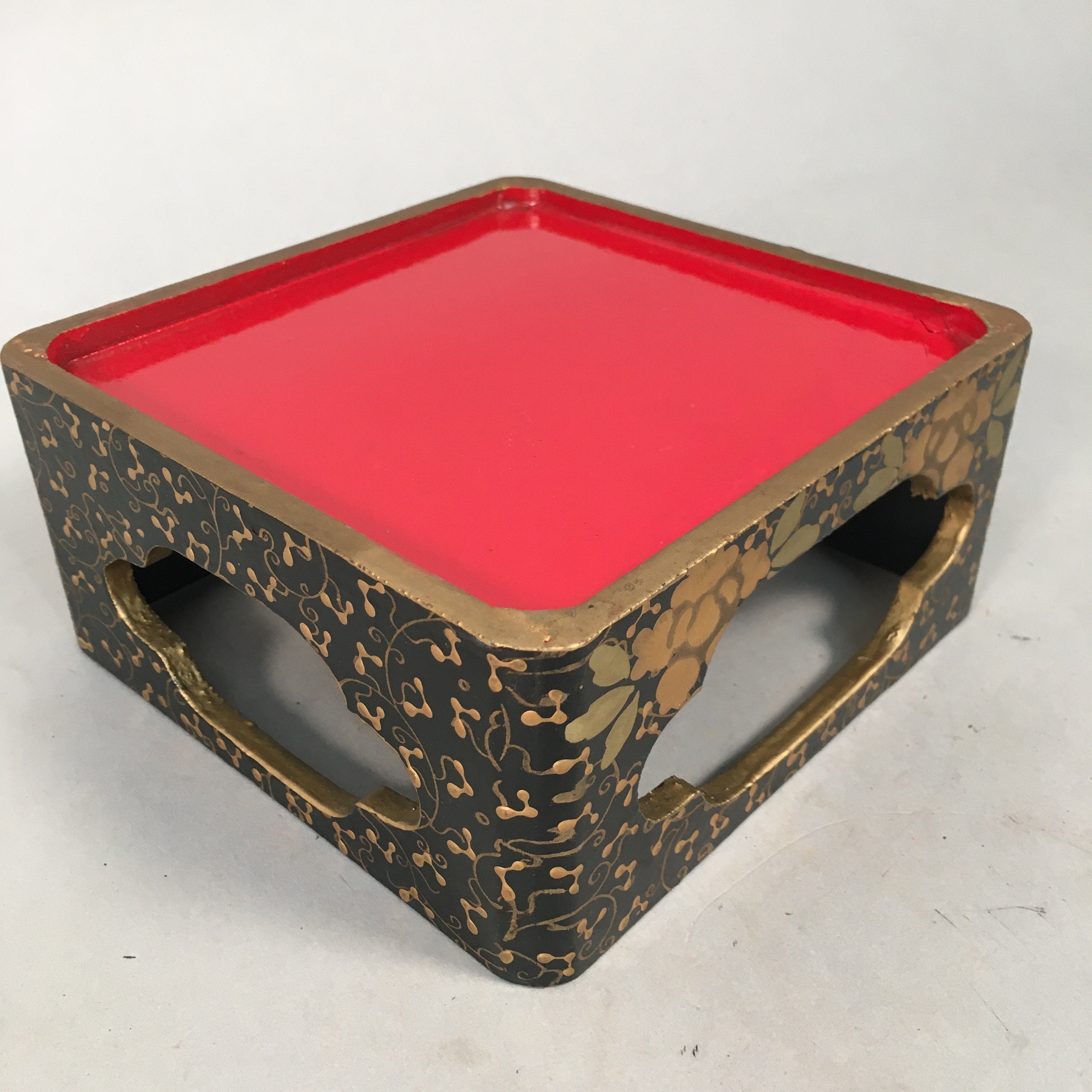 Japanese Hina Doll Furniture Lunch Box Stand Vtg Jubako Black Gold Makie PX519