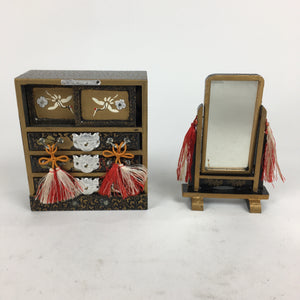 Japanese Hina Doll Furniture Vtg Wood Mirror Stand And Chest Of Drawers Set ID40