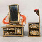 Japanese Hina Doll Furniture Wood Mirror Stand Sewing Box Vtg Black Makie ID289