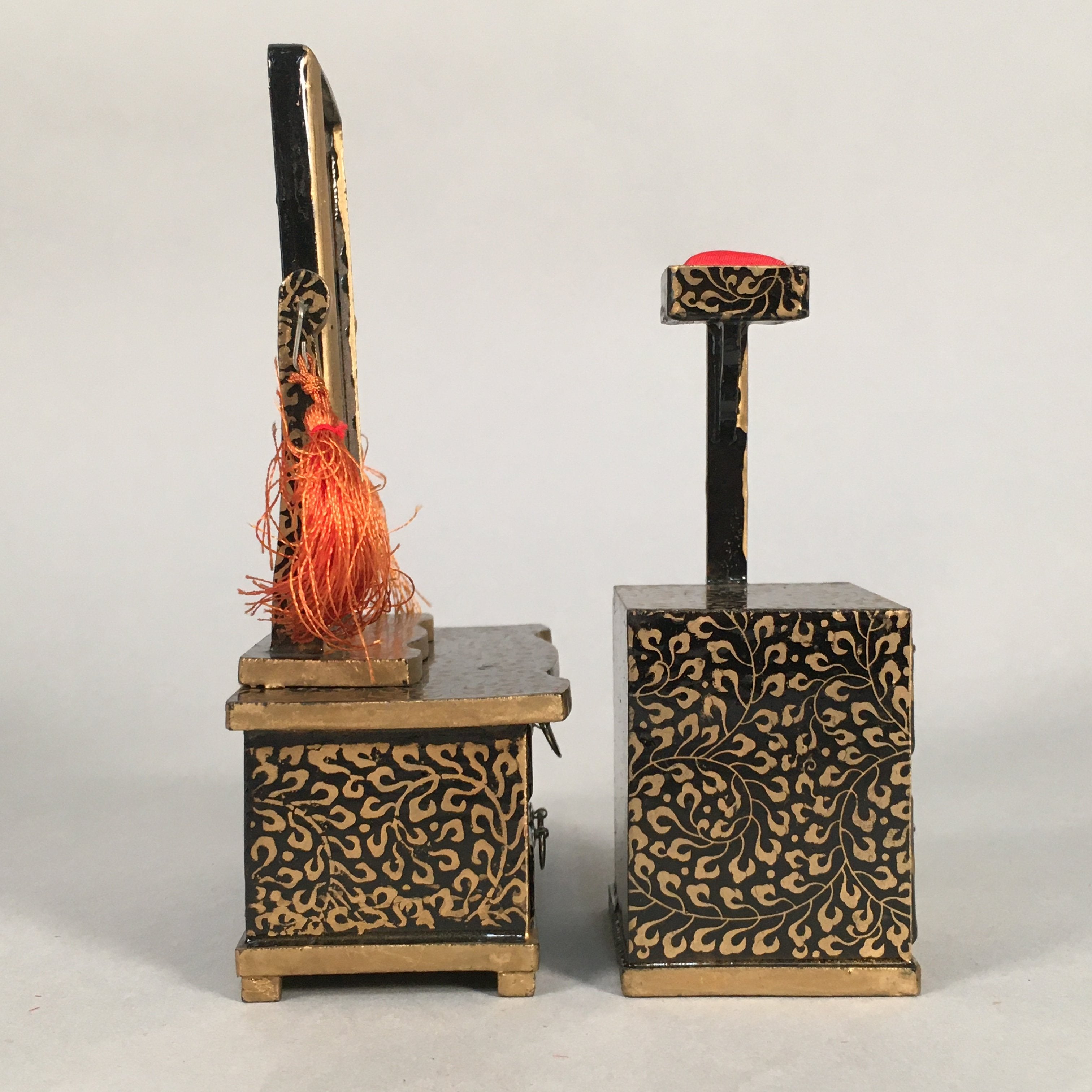 Japanese Hina Doll Furniture Wood Mirror Stand Sewing Box Vtg Black Makie ID289