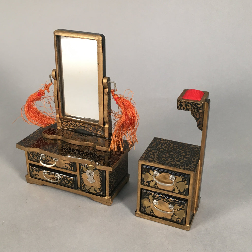 Japanese Hina Doll Furniture Wood Mirror Stand Sewing Box Vtg Black Makie ID289