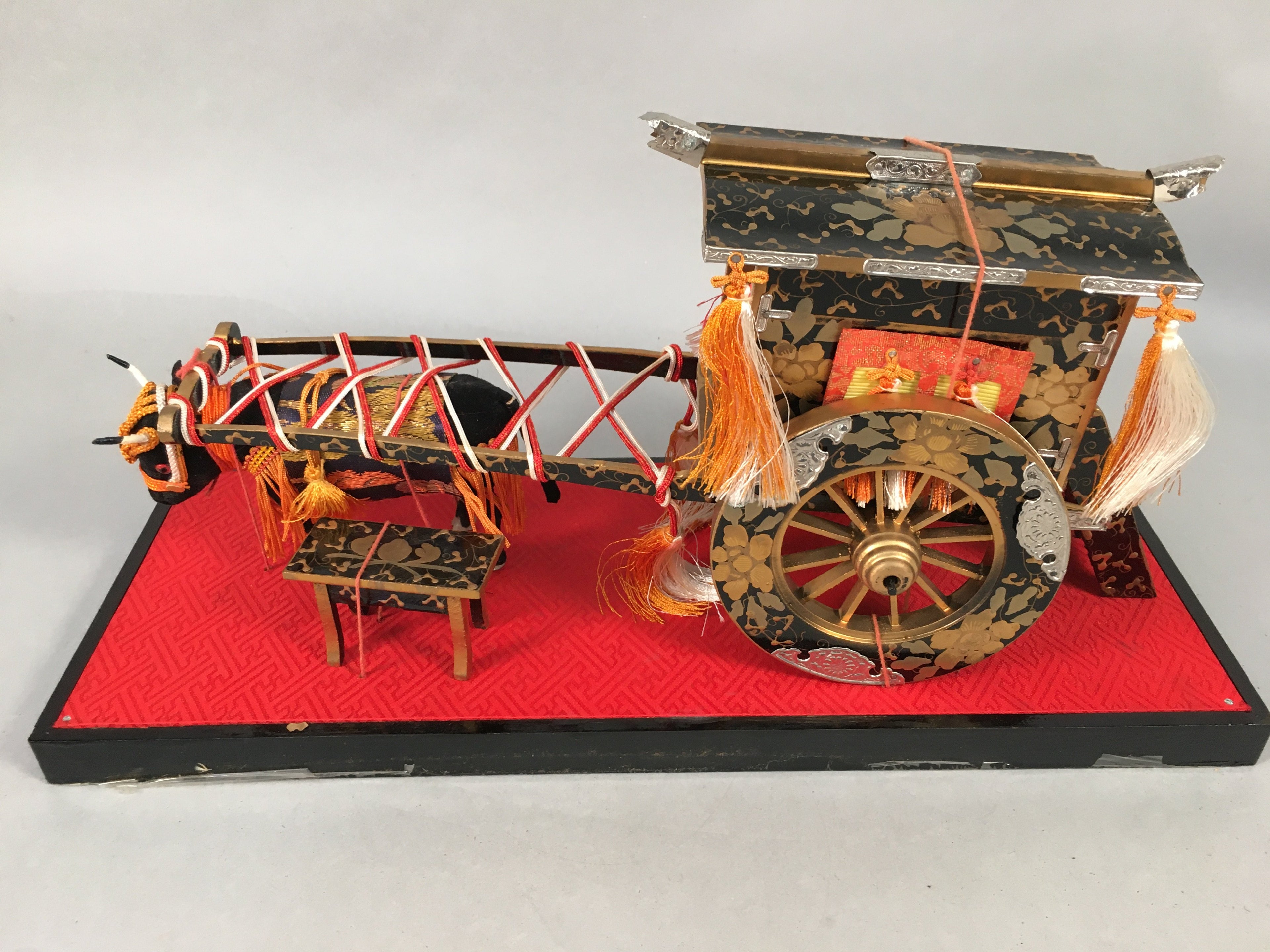 Japanese Hina Doll Lacquer Ox Carriage Stand Vtg Palanquin Miniature ID378