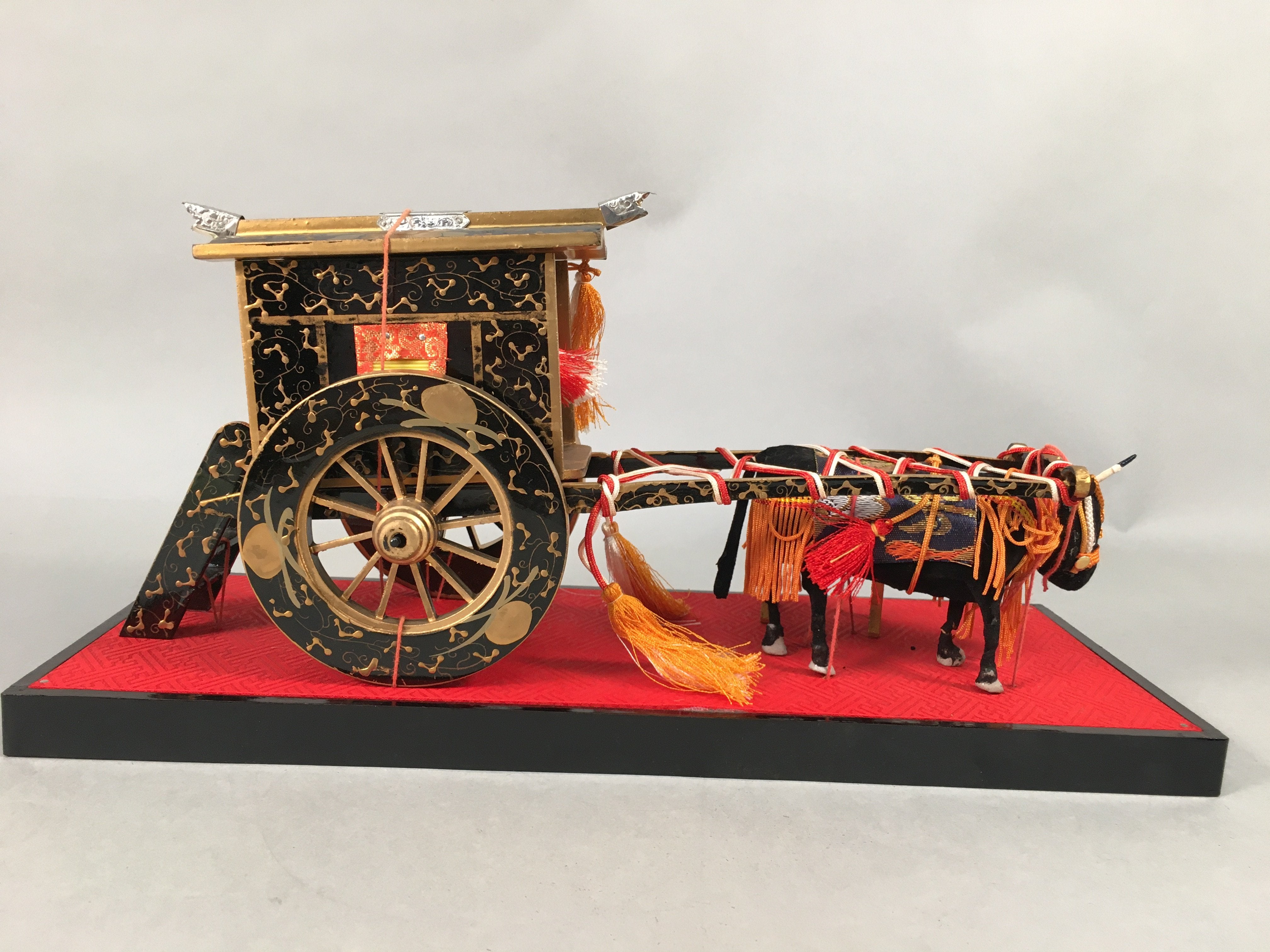 Japanese Hina Doll Lacquer Ox Carriage Stand Vtg Palanquin Miniature ID378