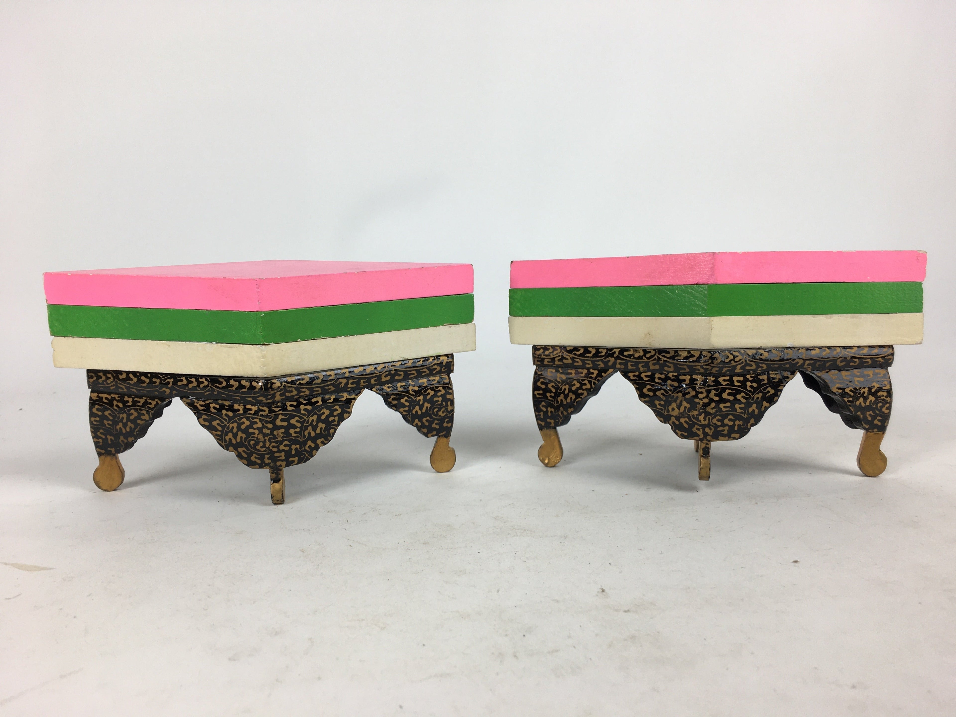 Japanese Hina Doll Rhombus Rice Cake Offering Stand Pair Vtg Furniture Wood ID40
