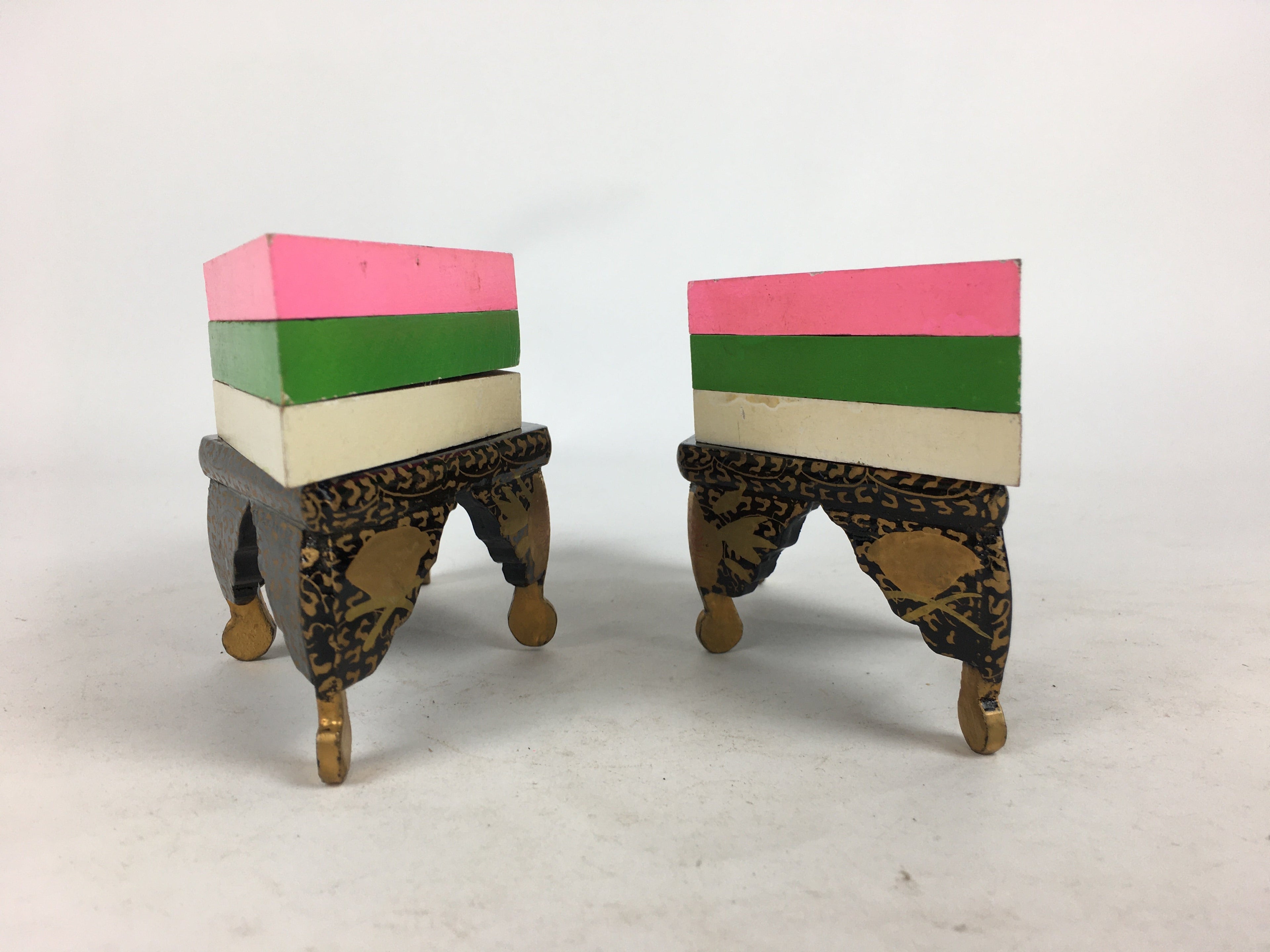 Japanese Hina Doll Rhombus Rice Cake Offering Stand Pair Vtg Furniture Wood ID40