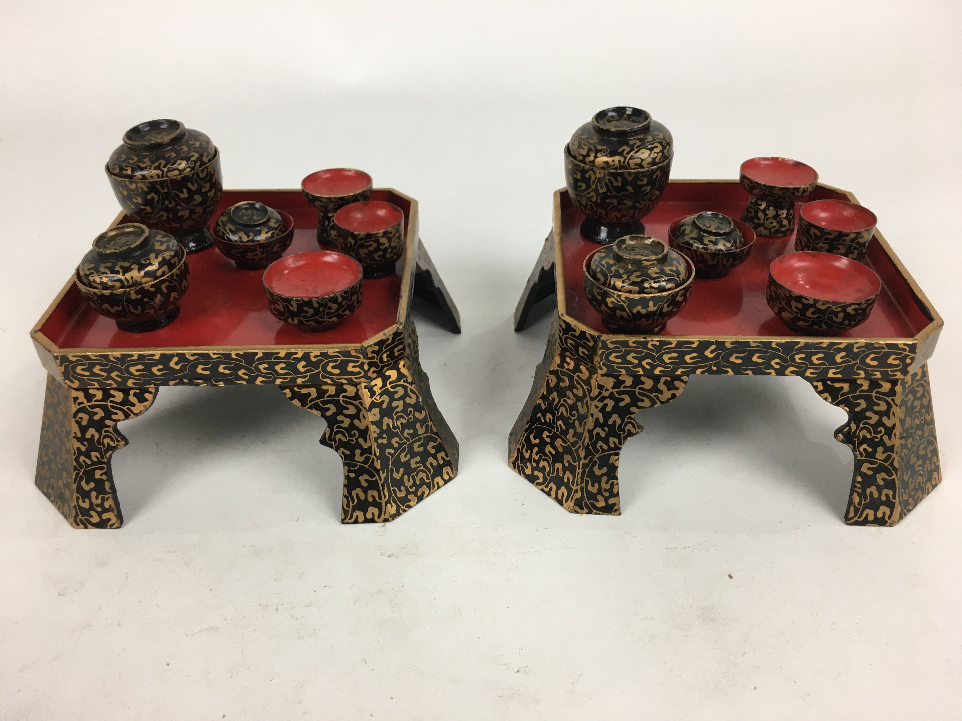 Japanese Hina Doll Tray And Bowls Flower Stand 2Pair Set Vtg Wood Miniature ID40