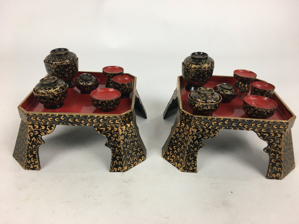 Japanese Hina Doll Tray And Bowls Flower Stand 2Pair Set Vtg Wood Miniature ID40