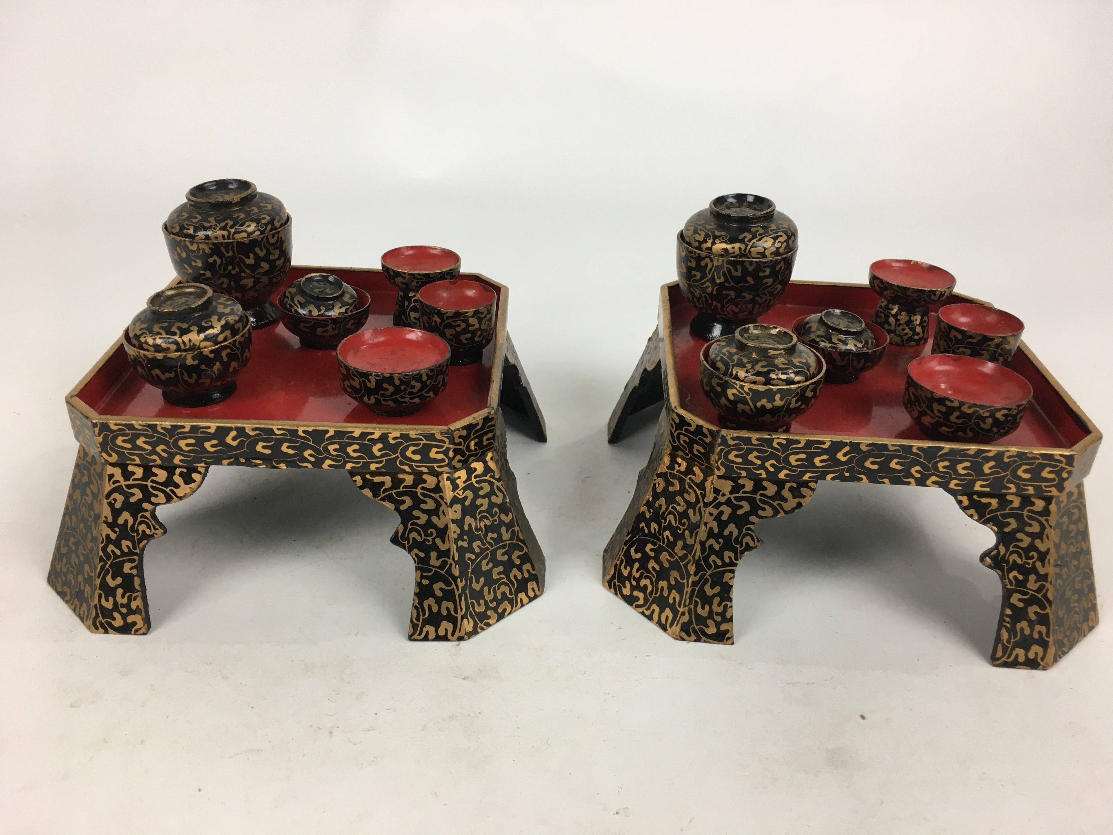 Japanese Hina Doll Tray And Bowls Flower Stand 2Pair Set Vtg Wood Miniature ID40