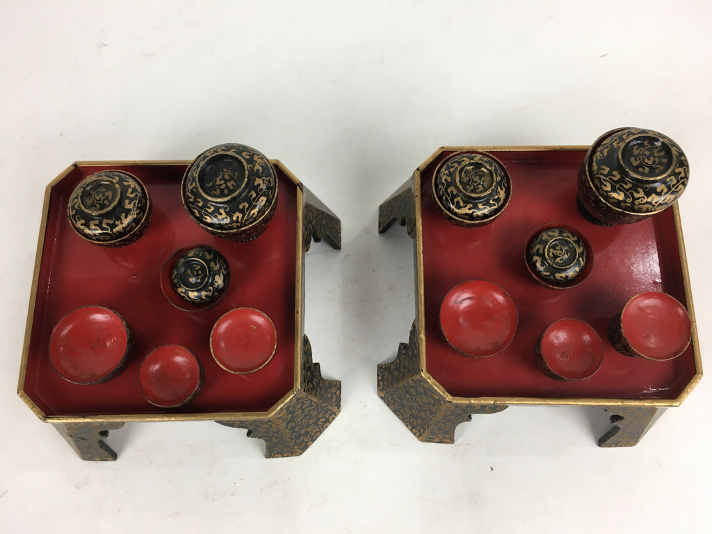 Japanese Hina Doll Tray And Bowls Flower Stand 2Pair Set Vtg Wood Miniature ID40